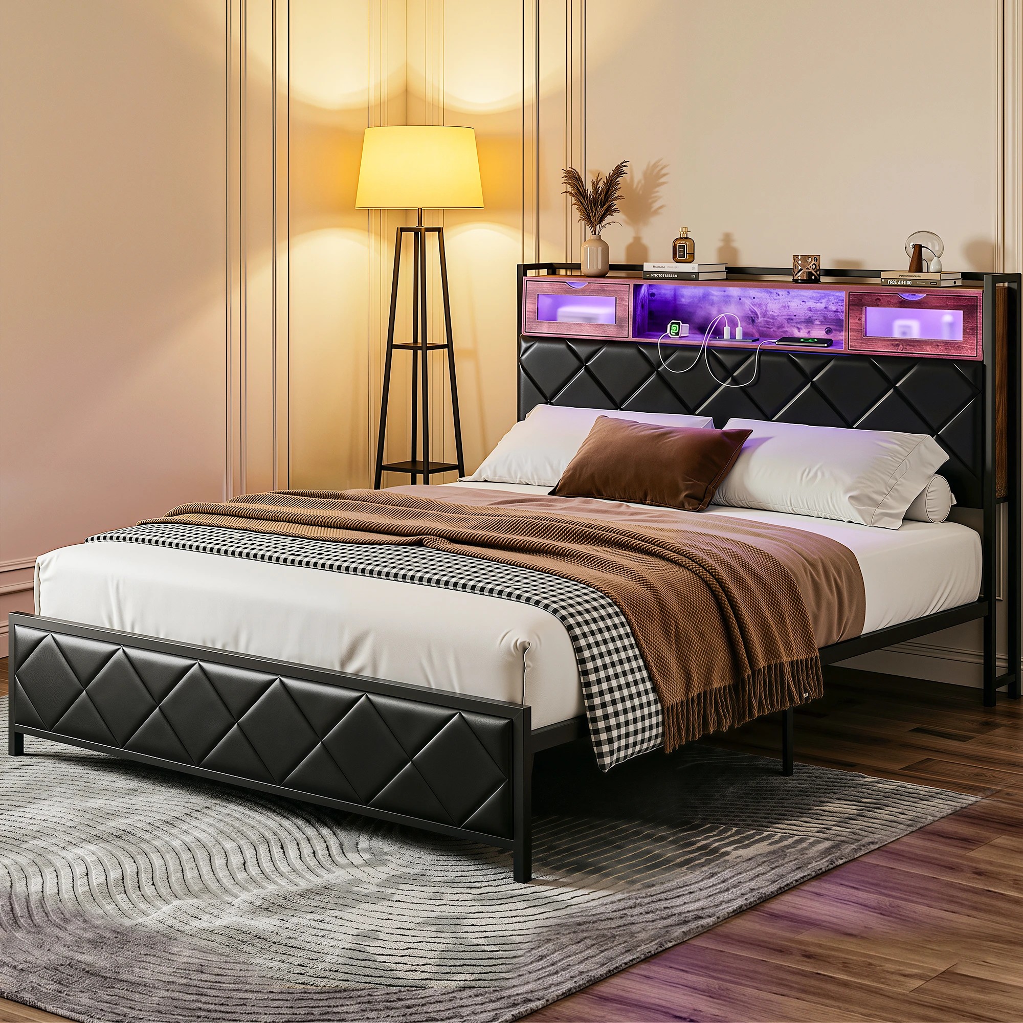 7 Artiss Queen Bed Frame with LED Lights and Storage Headboard Charging Station - Black, 7 of 9