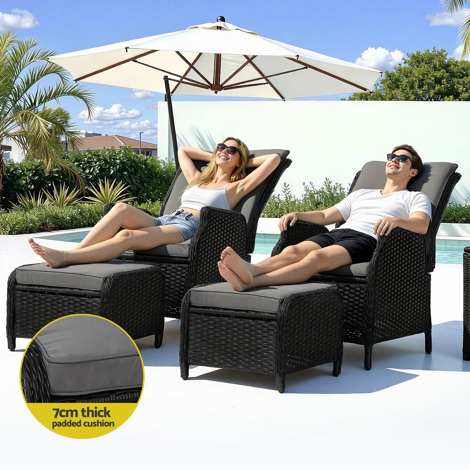 3 Gardeon 2PC Recliner Chair Sun lounge Wicker Lounger Outdoor Furniture - Black, 3 of 8