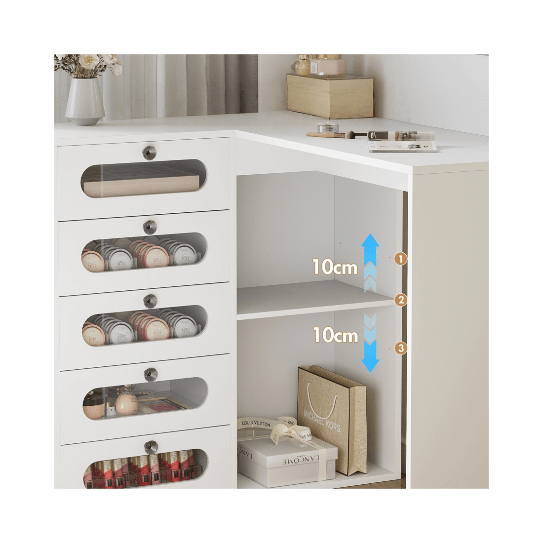 4 Advwin Corner Dressing Table L Shaped with Mirror and Lights 5 Drawers - White, 4 of 7