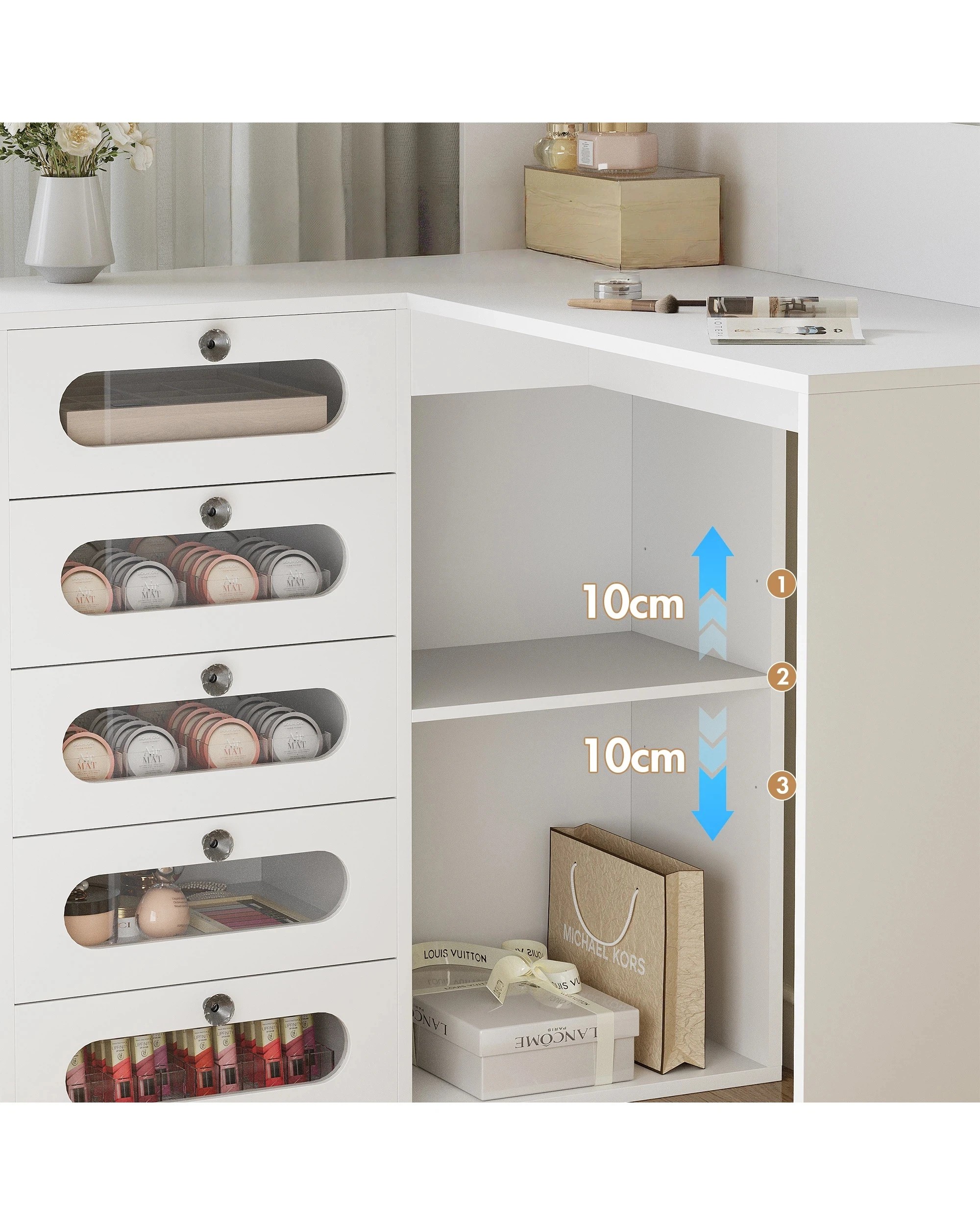 4 Advwin Corner Dressing Table L Shaped with Mirror and Lights 5 Drawers - White, 4 of 7