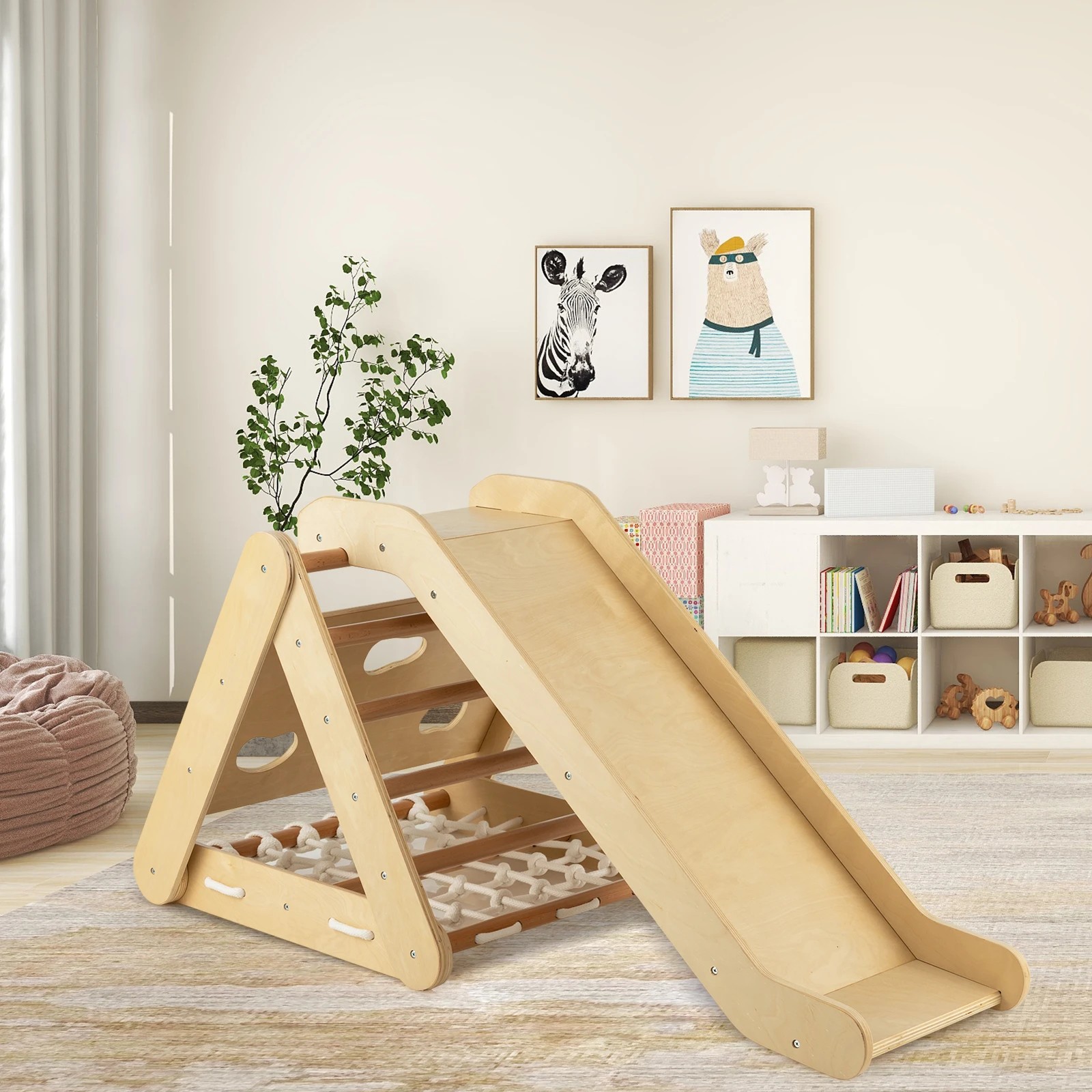 2 Costway 4in1 Climbing Frame Triangle Climber Slide Set - Natural, 2 of 3