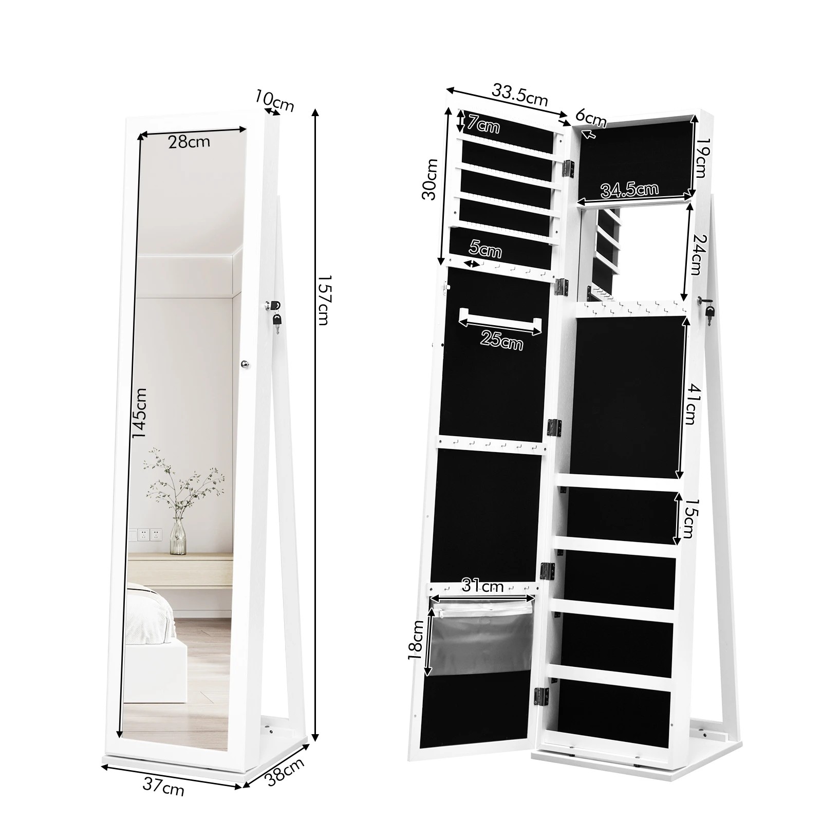 4 Costway Mirror Jewellery Cabinet Jewelry Armoire Lockable Jewelry Storage Organizer Box - White, 4 of 4