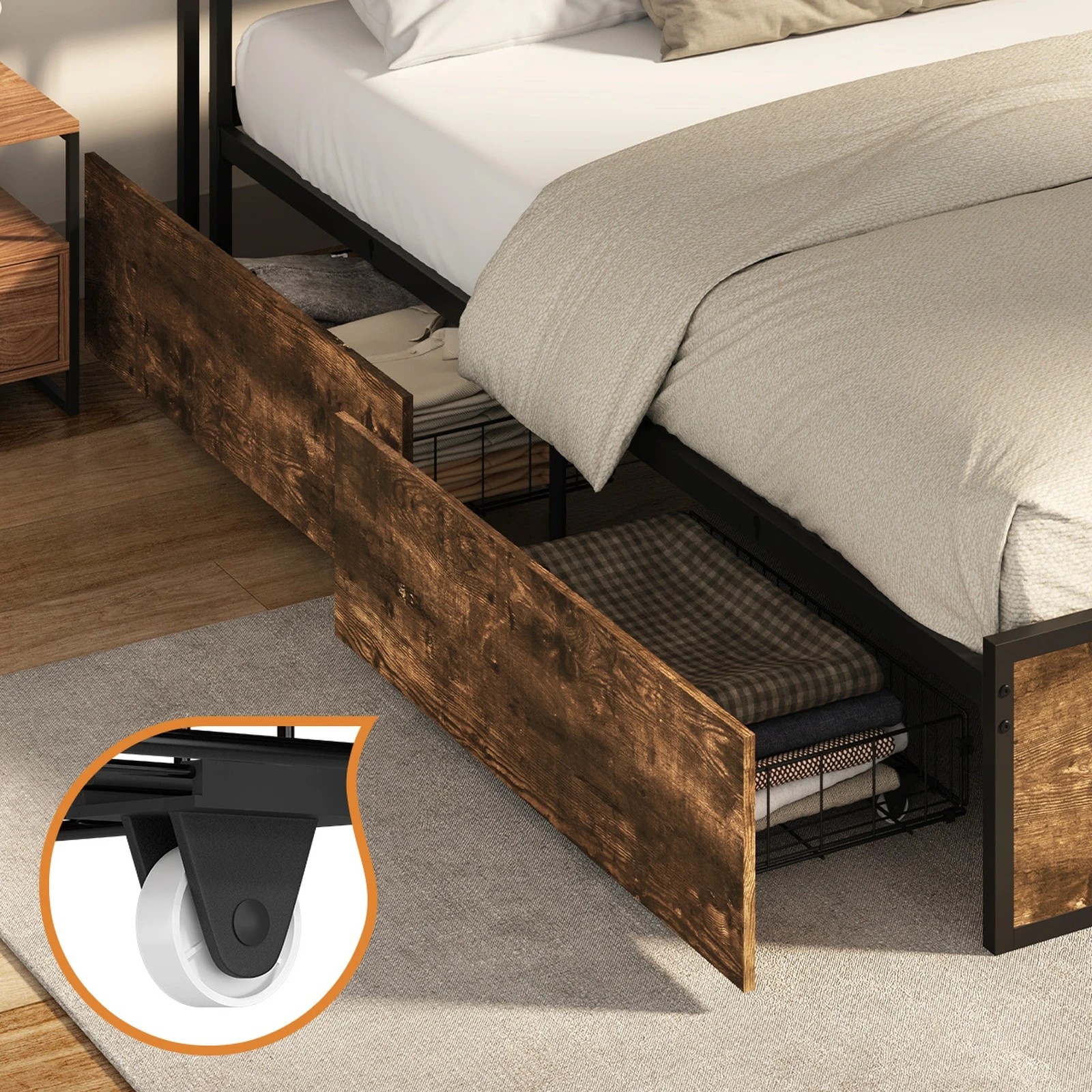 4 Oikiture Double Metal Bed Frame Storage Headboard AC USB Charge - Double Bed - Natural, 4 of 5