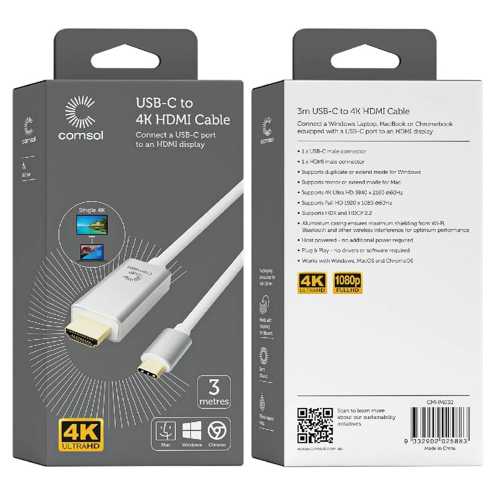 4 Comsol USB-C to 4K HDMI Male Cable 3m White, 4 of 4