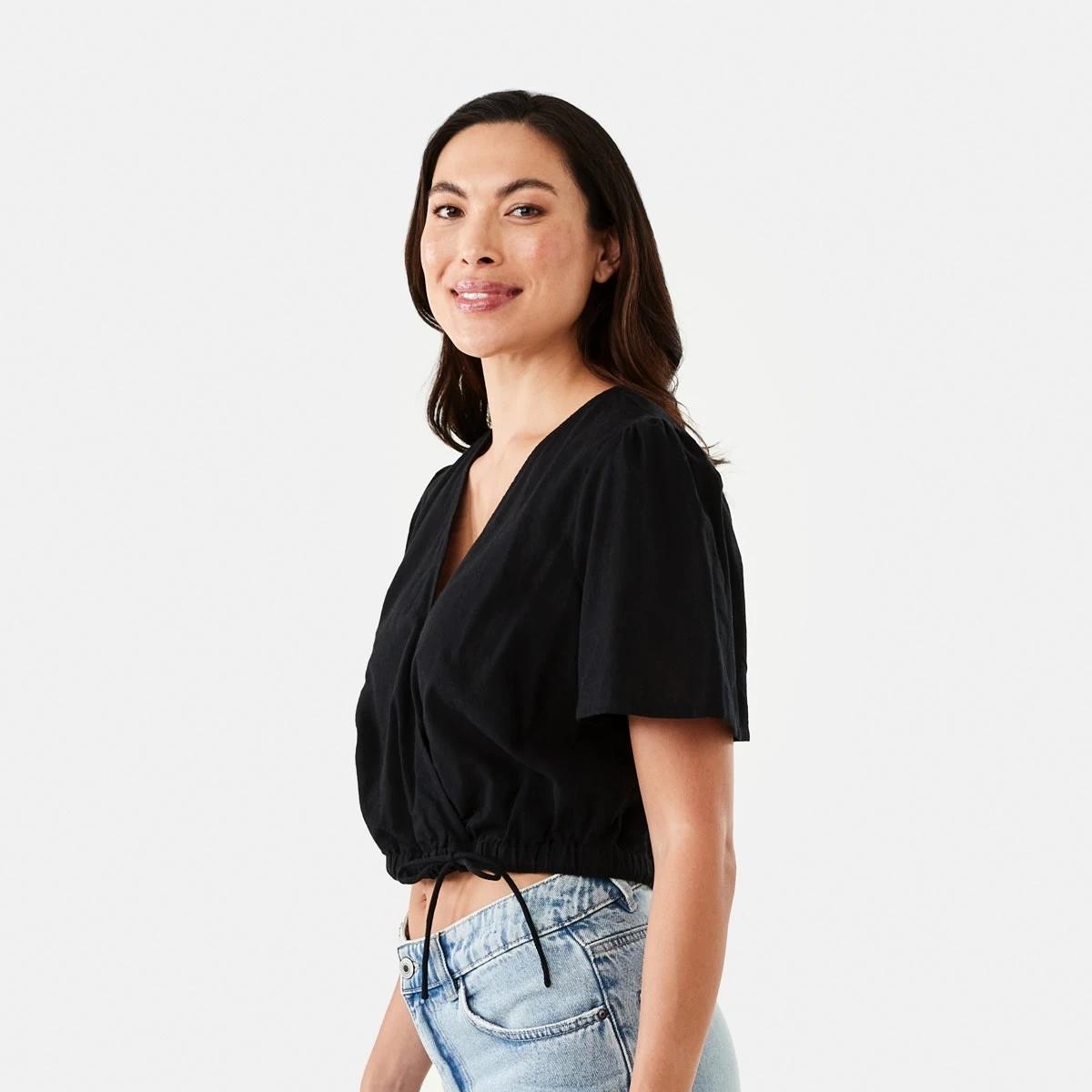 2 Short Sleeve Wrap Tie Top Black, 2 of 9