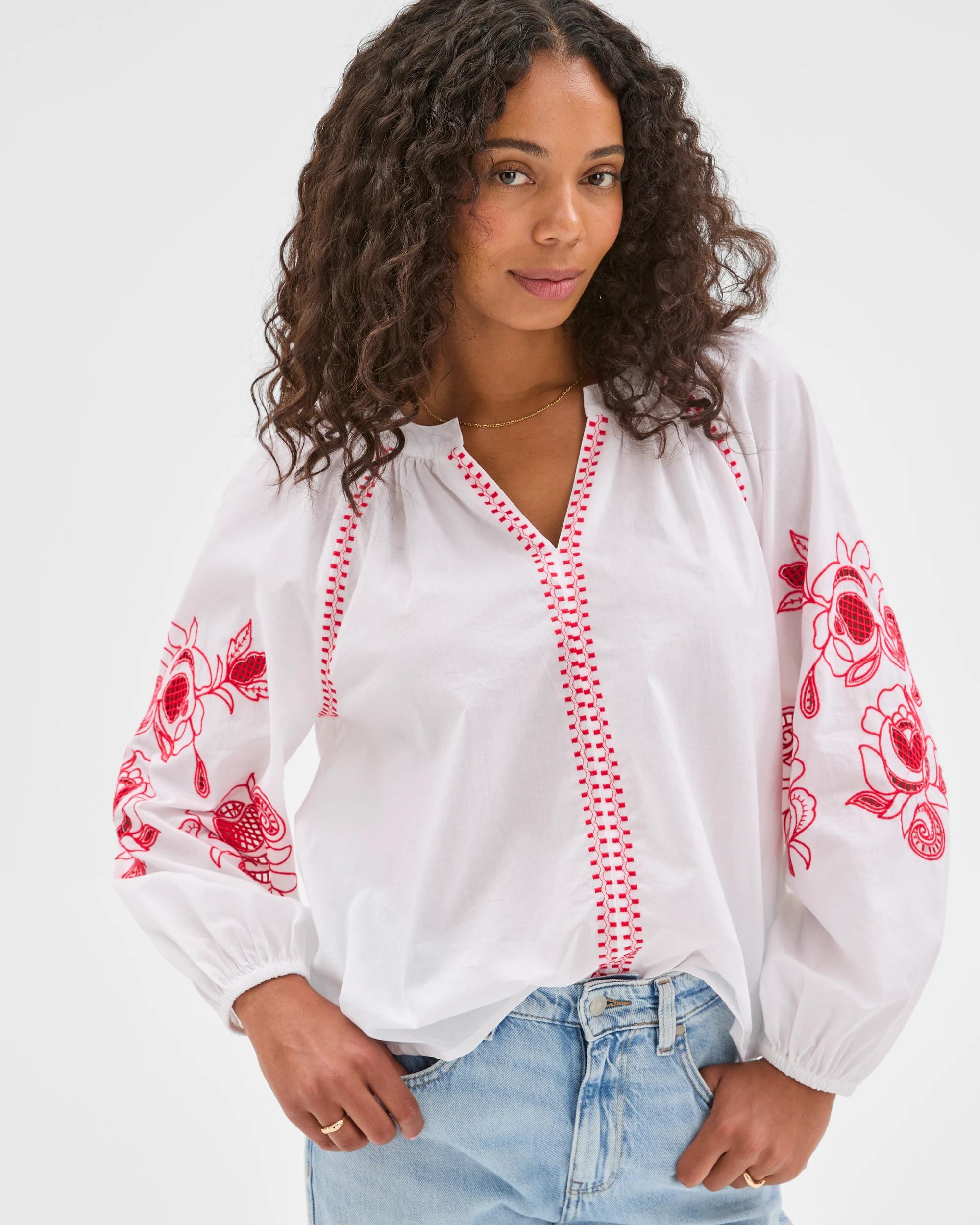3 Target Woman Long Sleeve Embroidered Stitch Blouse WHITE, 3 of 7
