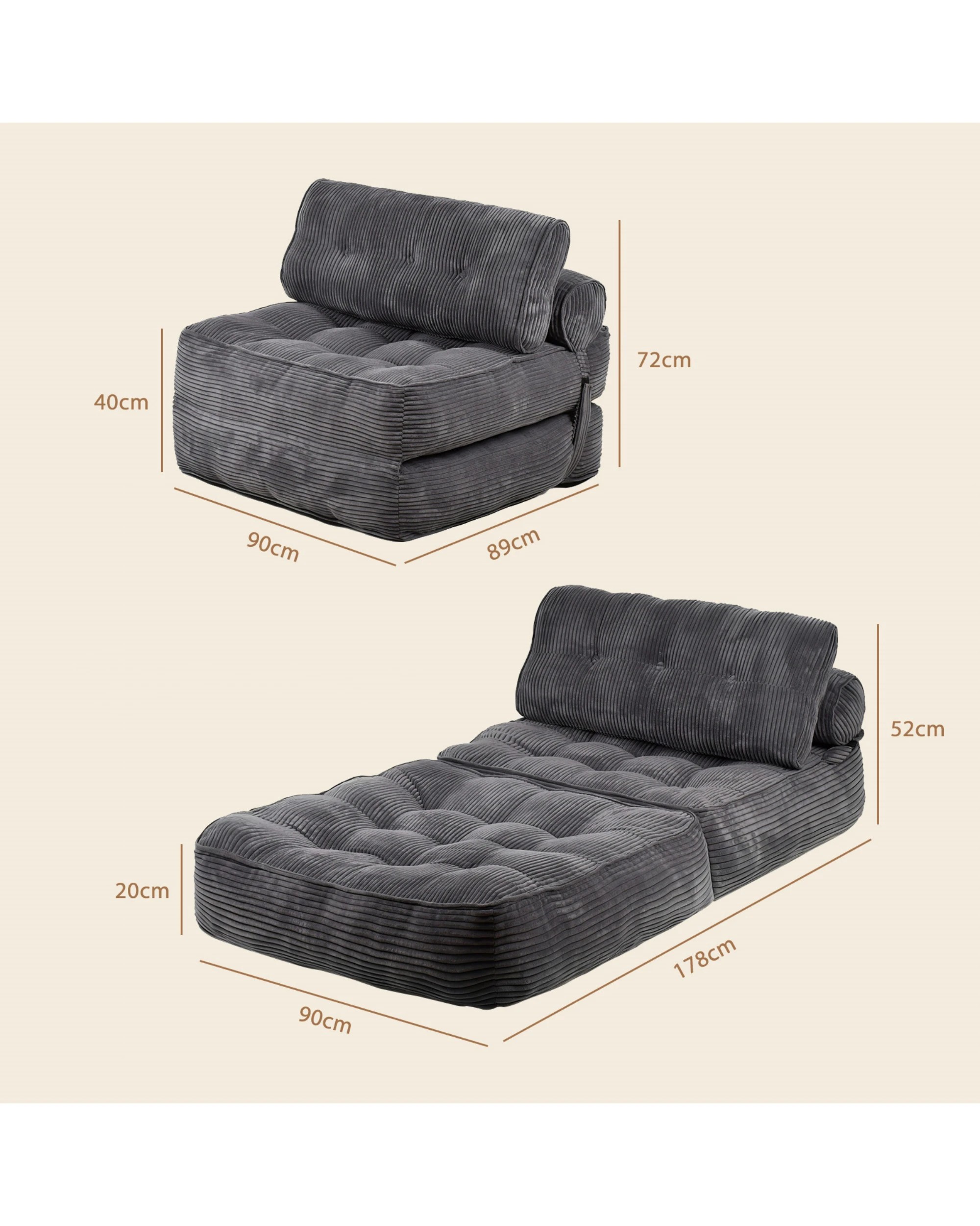 8 Advwin 3-in-1 Floor Folding Sofa Bed Convertible Sleeper Chair w/ Pillow Single Corduroy Lazy Sofa Couch Mattress Dark, 8 of 8