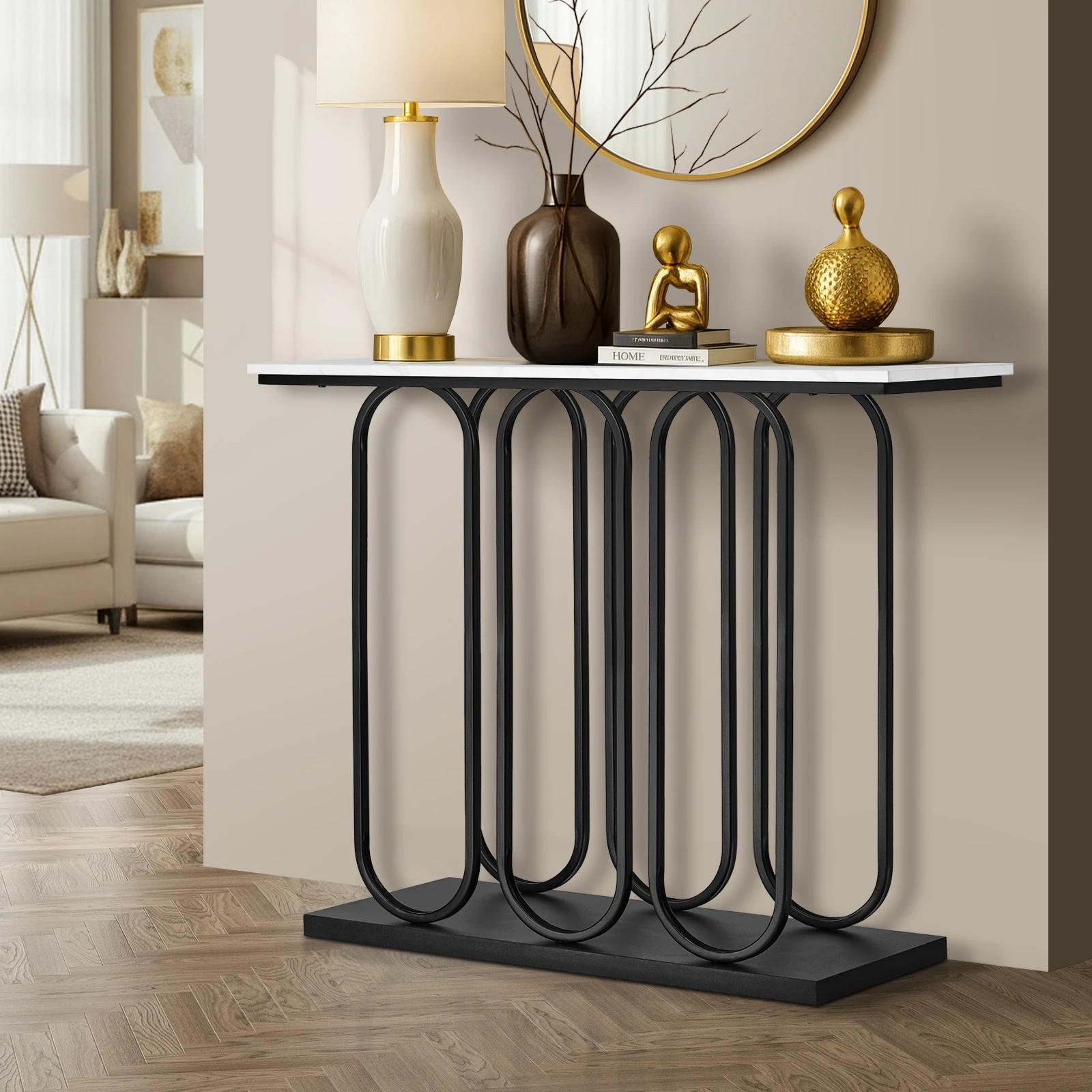 3 Oikiture Console Table Faux Marble Effect Entry Table Hallway Display - Black, 3 of 8
