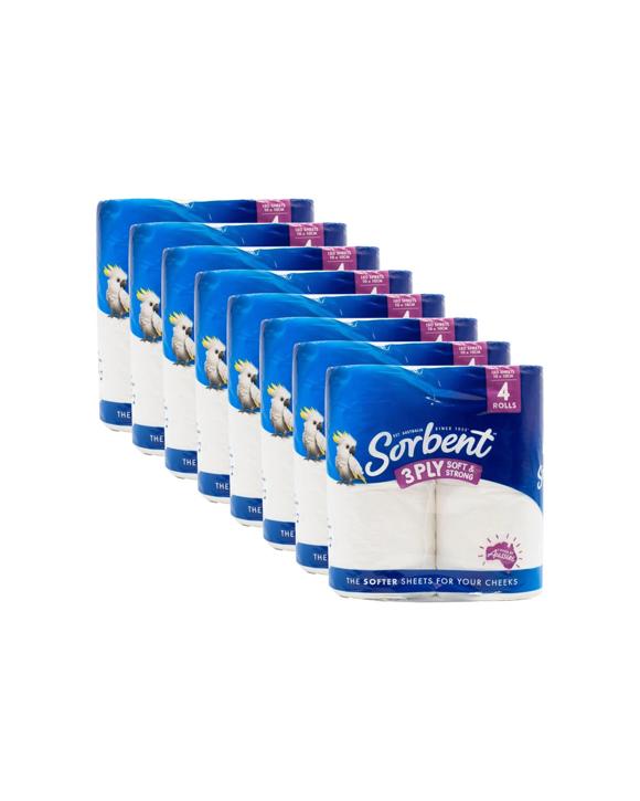 Sorbent 8x 4pc Toilet Tissue 3-Ply Soft Strong Multi-Purpose - White