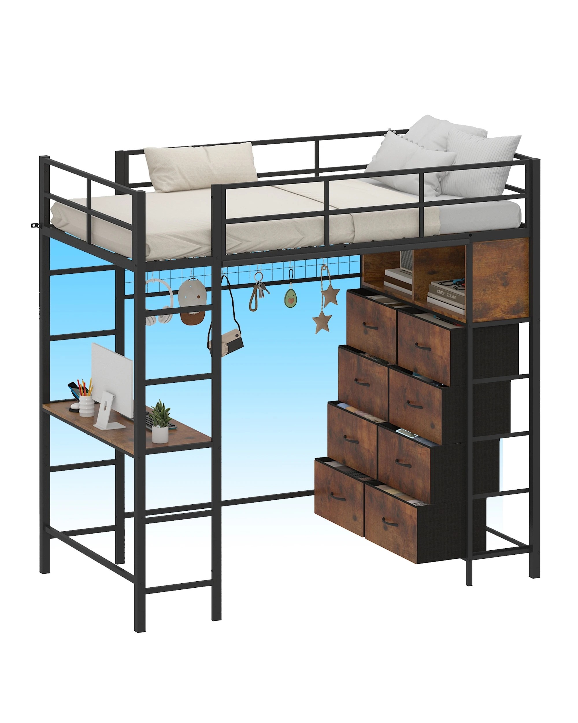5 Ufurniture Single Loft Bunk Bed with LED Power Outlet Desk Storage Dual Ladder - Brown, 5 of 9