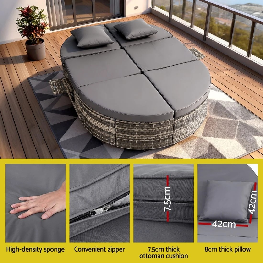 7 Gardeon Outdoor Day Bed Sun Lounge Setting Wicker Lounger Patio Furniture w/ Retractable - Grey, 7 of 7