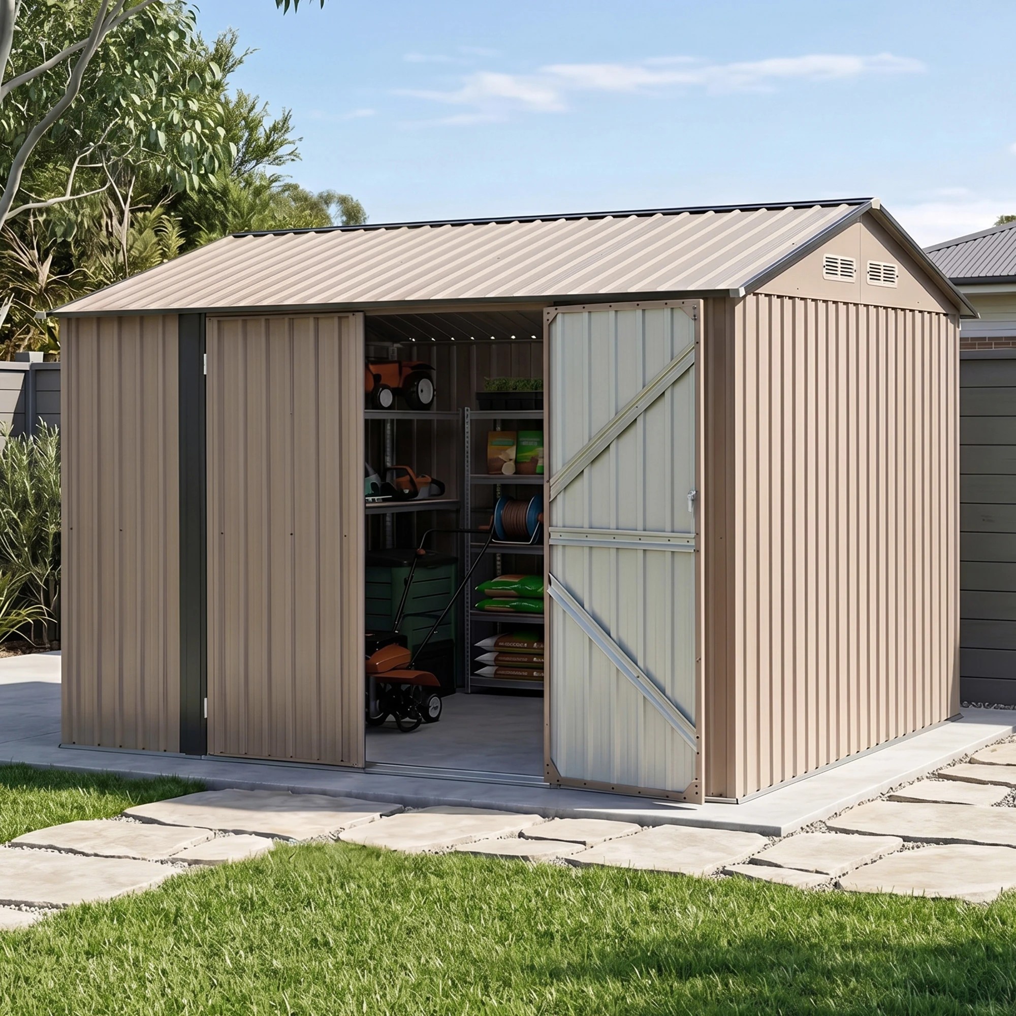 5 Giantz 3X3M Garden Shed Outdoor Storage Backyard Tool Shed Galvanized Steel - Brown, 5 of 7