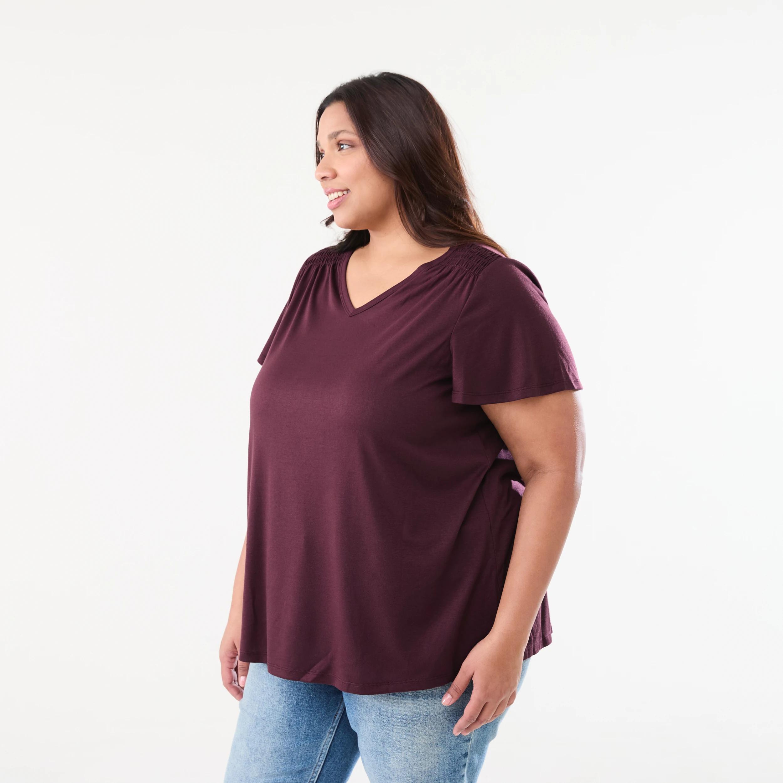 2 Curve Short Sleeve Shirred Shoulder T-shirt WARM MULBERRY, 2 of 5