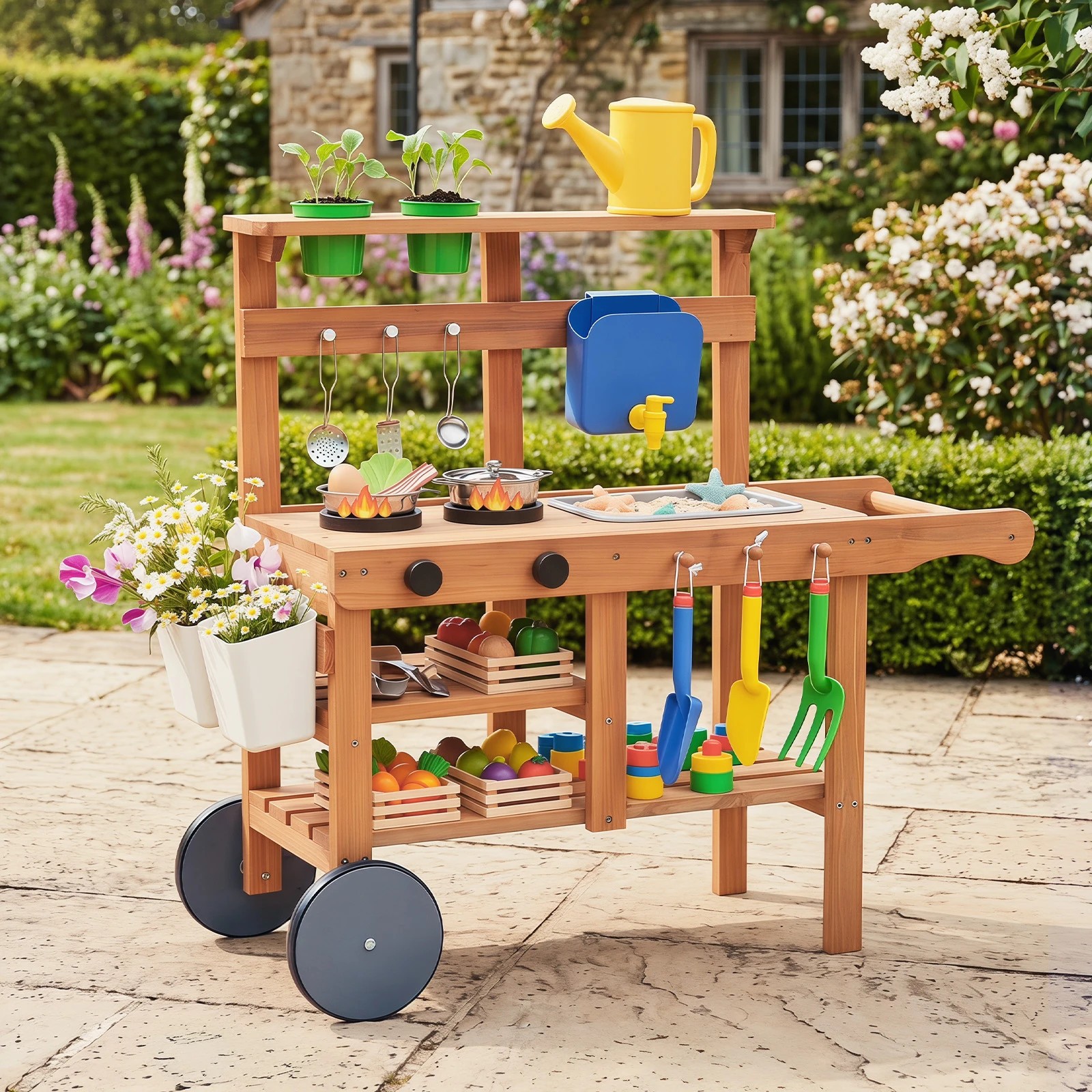 3 Costway Mud Kitchen Rolling Outdoor Play Kitchen Pretend Playset w/Flowerpots - Natural, 3 of 4