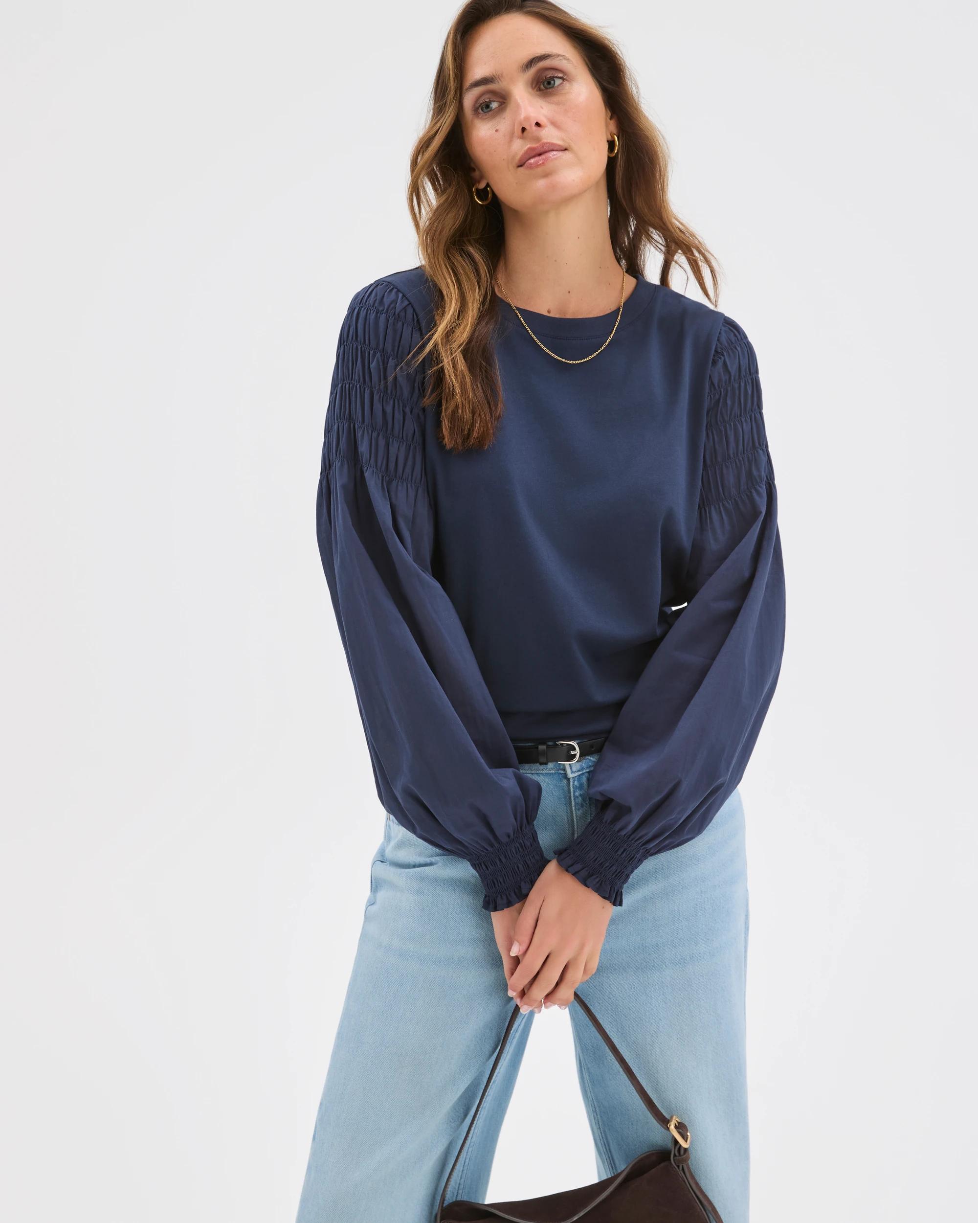 3 Target Woman Australian Cotton Long Sleeve Shirred Sleeve Top INK NAVY, 3 of 6