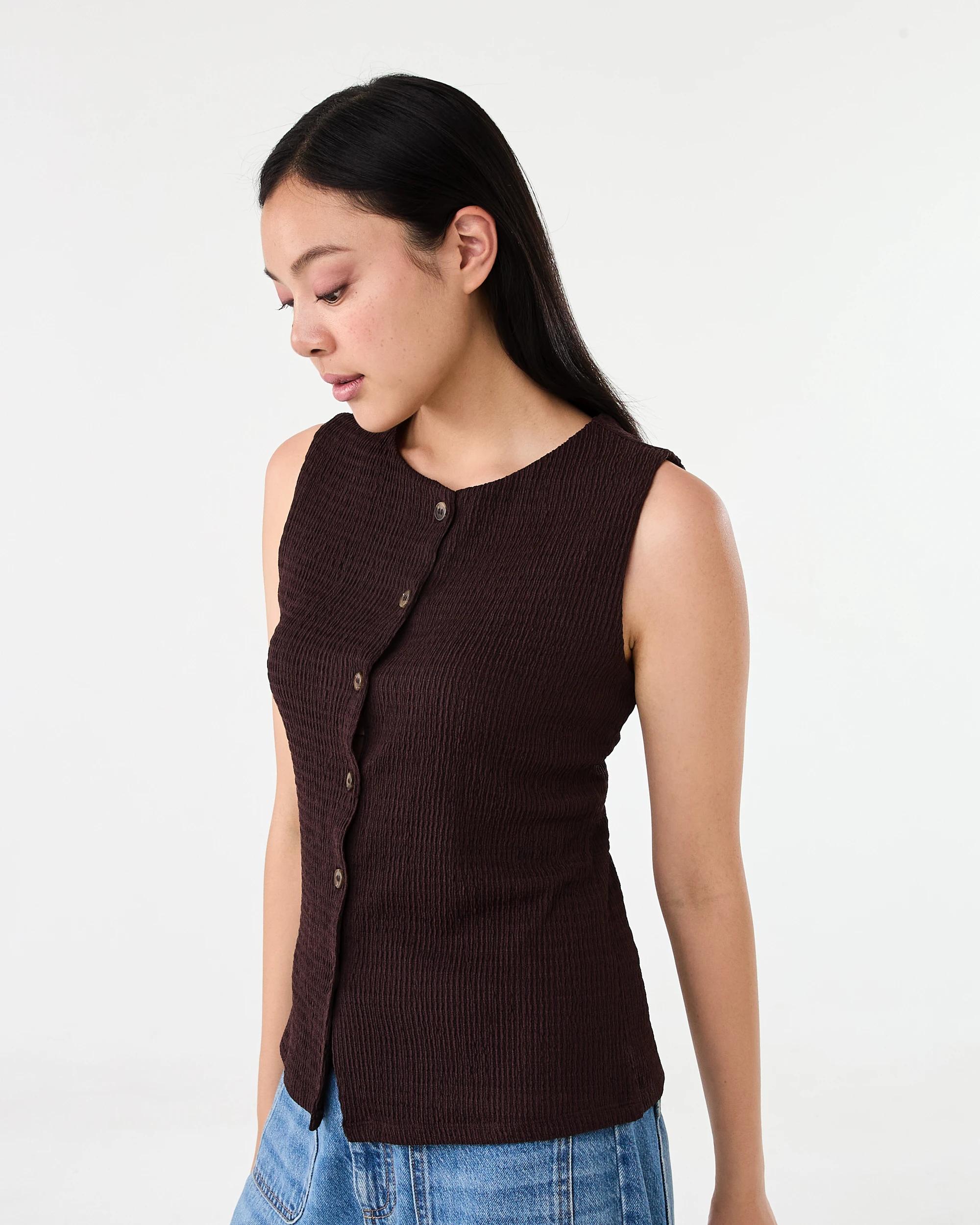 2 Sleeveless Textured Button Through Top Choc Plum, 2 of 6