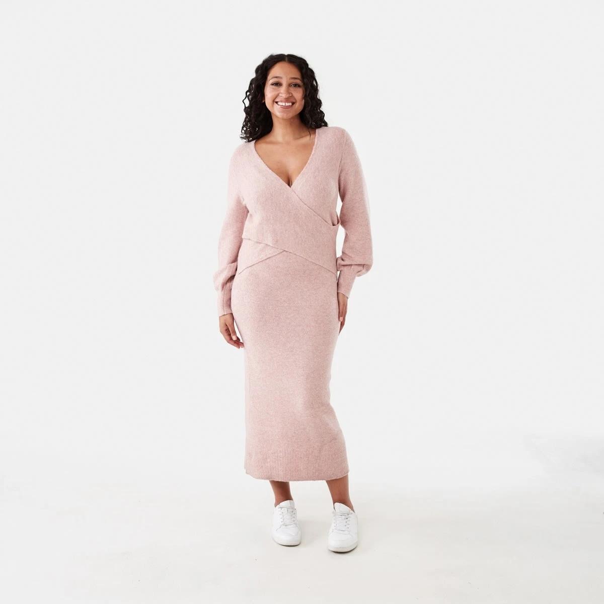 1 Long Sleeve Wrap Front Knit Midi Dress Rose Marl, 1 of 6