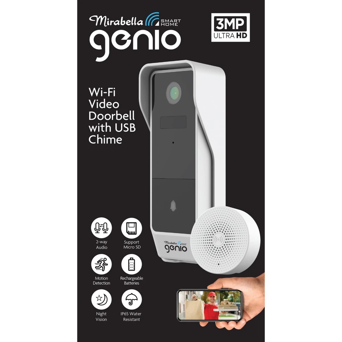 1 Mirabella Genio Wi-Fi 3MP Battery Doorbell with USB Chime, 1 of 3