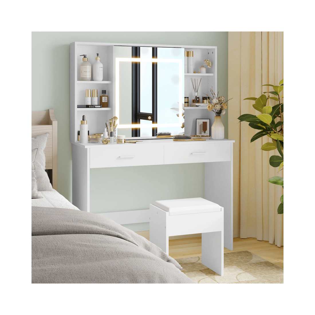 2 Advwin Dressing Table Stool Set With Slide Make Up Led Mirror Vanity Desk With 2 Storage Drawers And Open Storage Shelf, 2 of 10