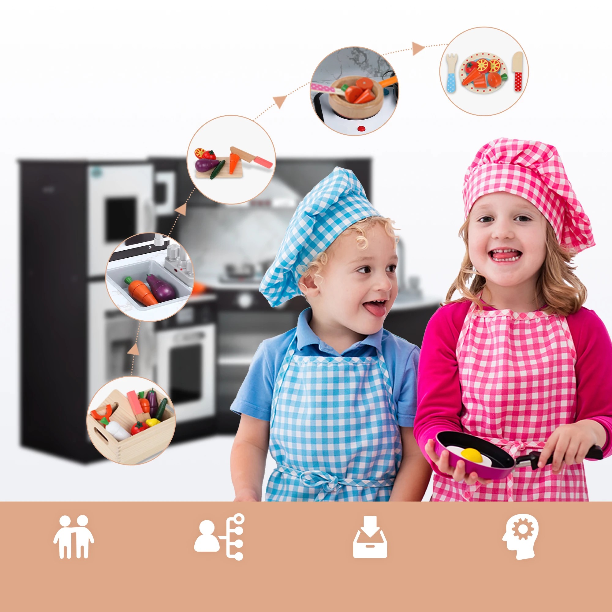 8 Keezi Kids Wooden Kitchen Playset 29pc Food Set Black White - Multi, 8 of 8