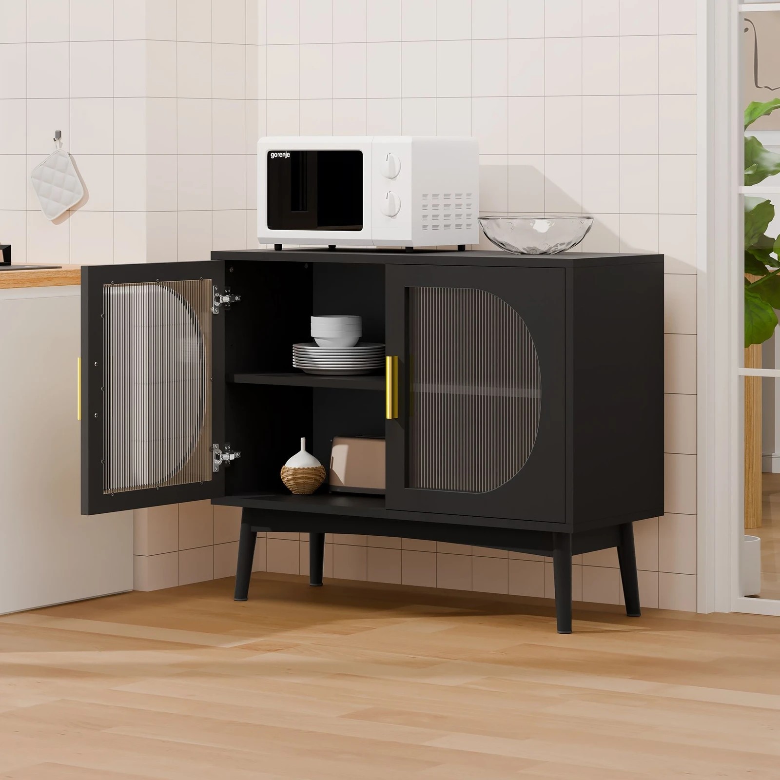 4 Alfordson Buffet Sideboard Cupboard Cabinet Storage Fluted Doors Pantry - Black, 4 of 10