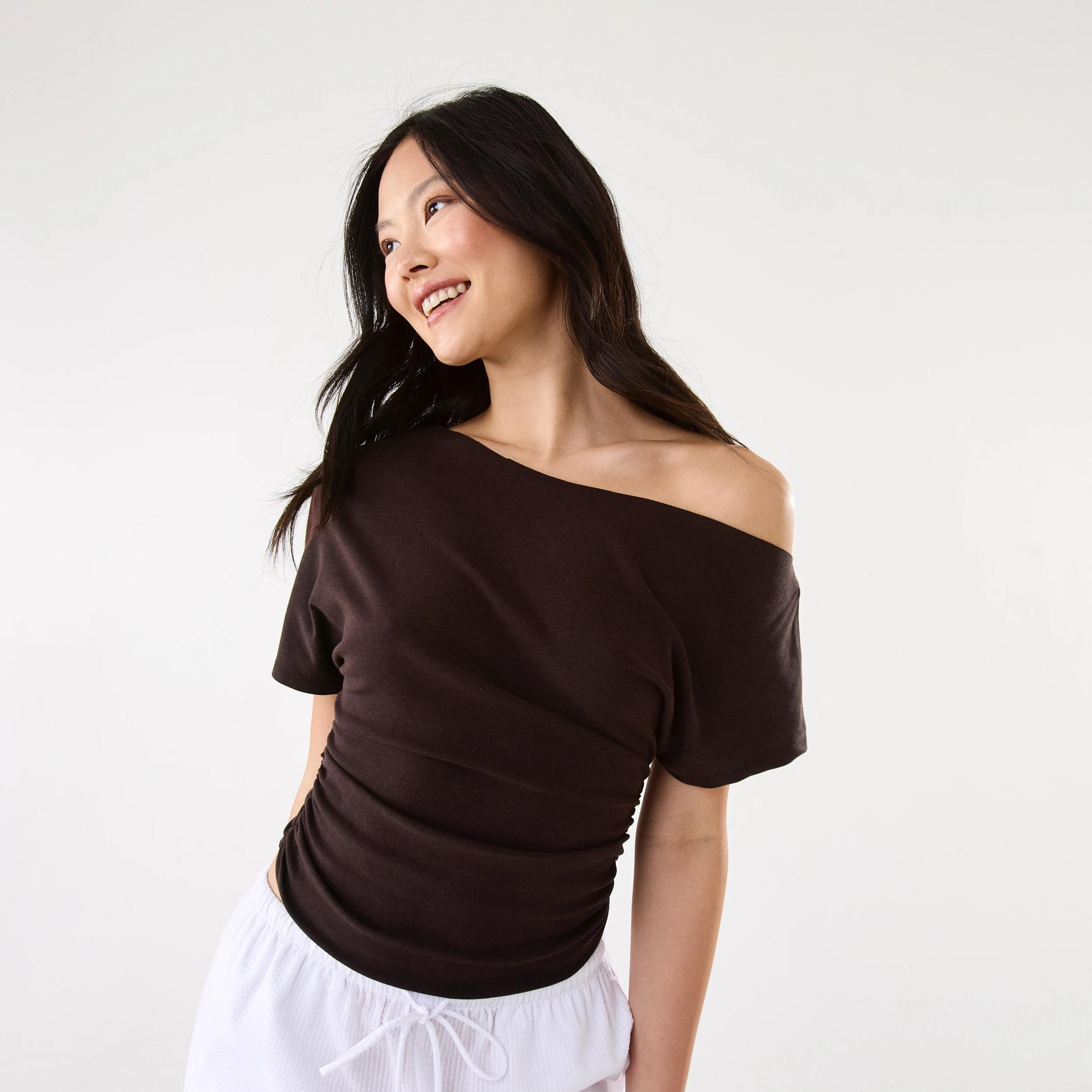 1 Off Shoulder Jersey T-shirt Choc Plum, 1 of 9