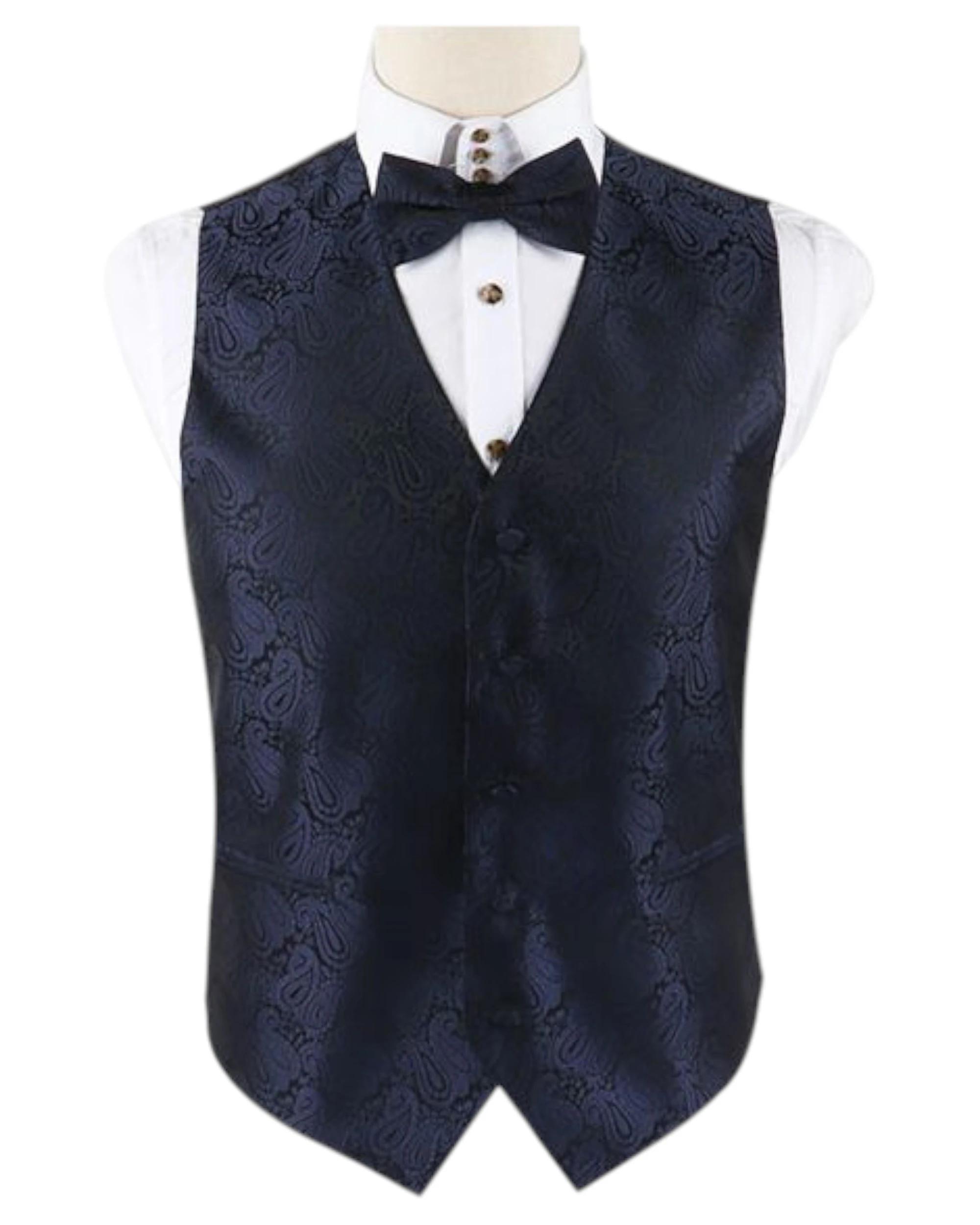 1 Zasel Mens Boho Paisley Patterned Vest Waistcoat & Matching Bow Tie NAVY, 1 of 1
