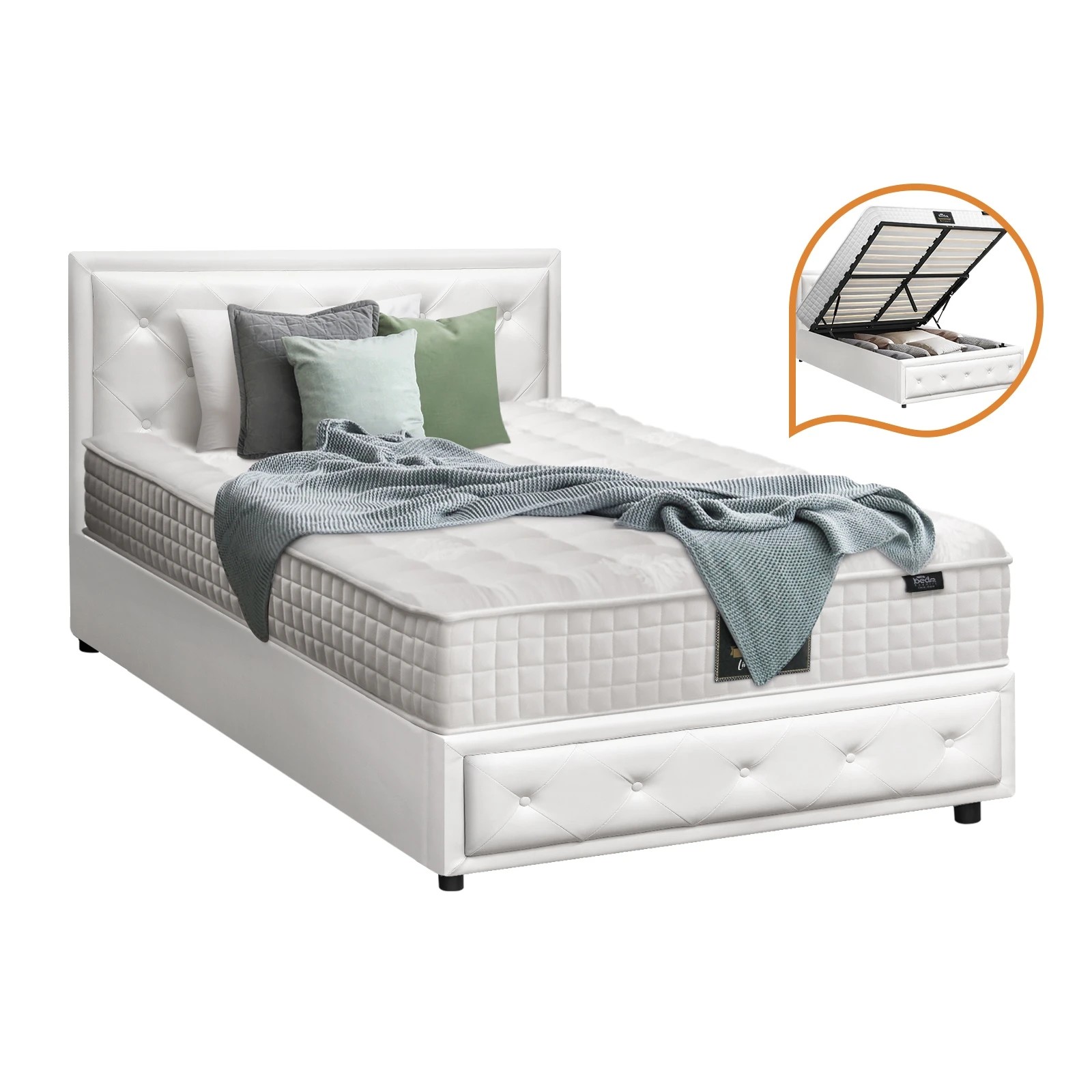 1 Oikiture Bed Frame King Single Gas Lift Storage with Mattress ENZO - White, 1 of 8