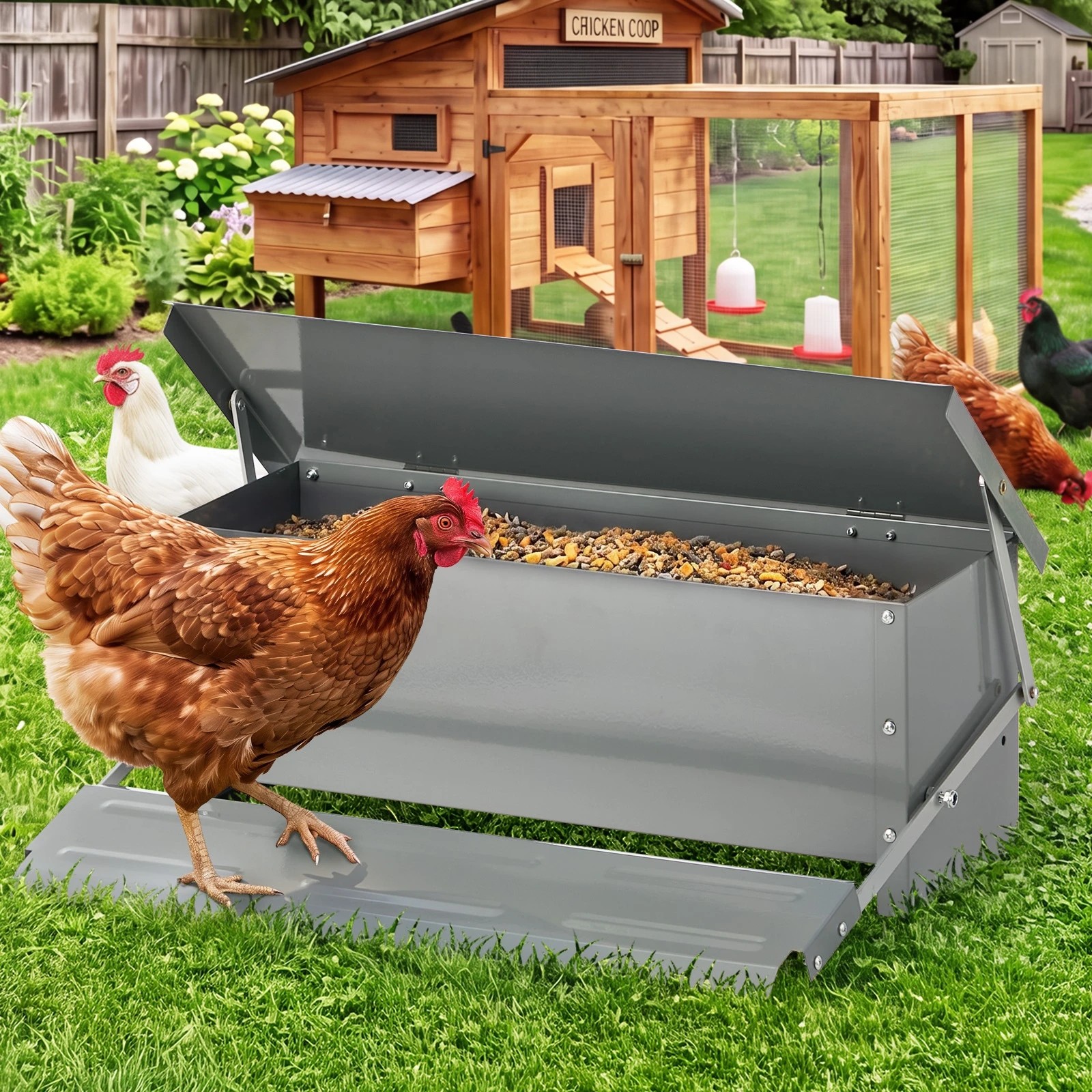 3 Alopet Automatic Chicken Food Feeder Galvanized Treadle Self Opening Feed 10kg - Silver, 3 of 10