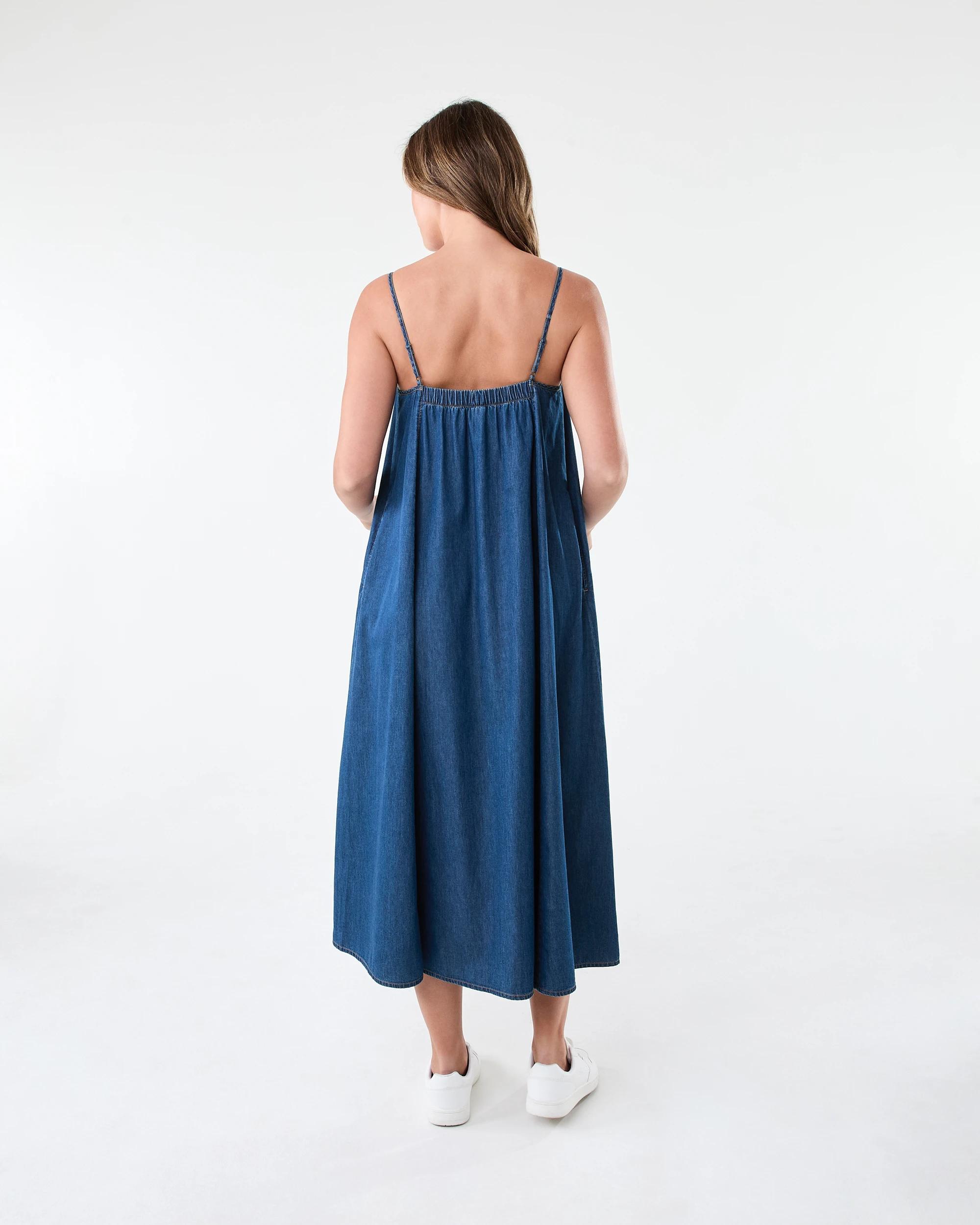 3 Sleeveless Chambray A-Line Maxi Dress Dark Wash, 3 of 6