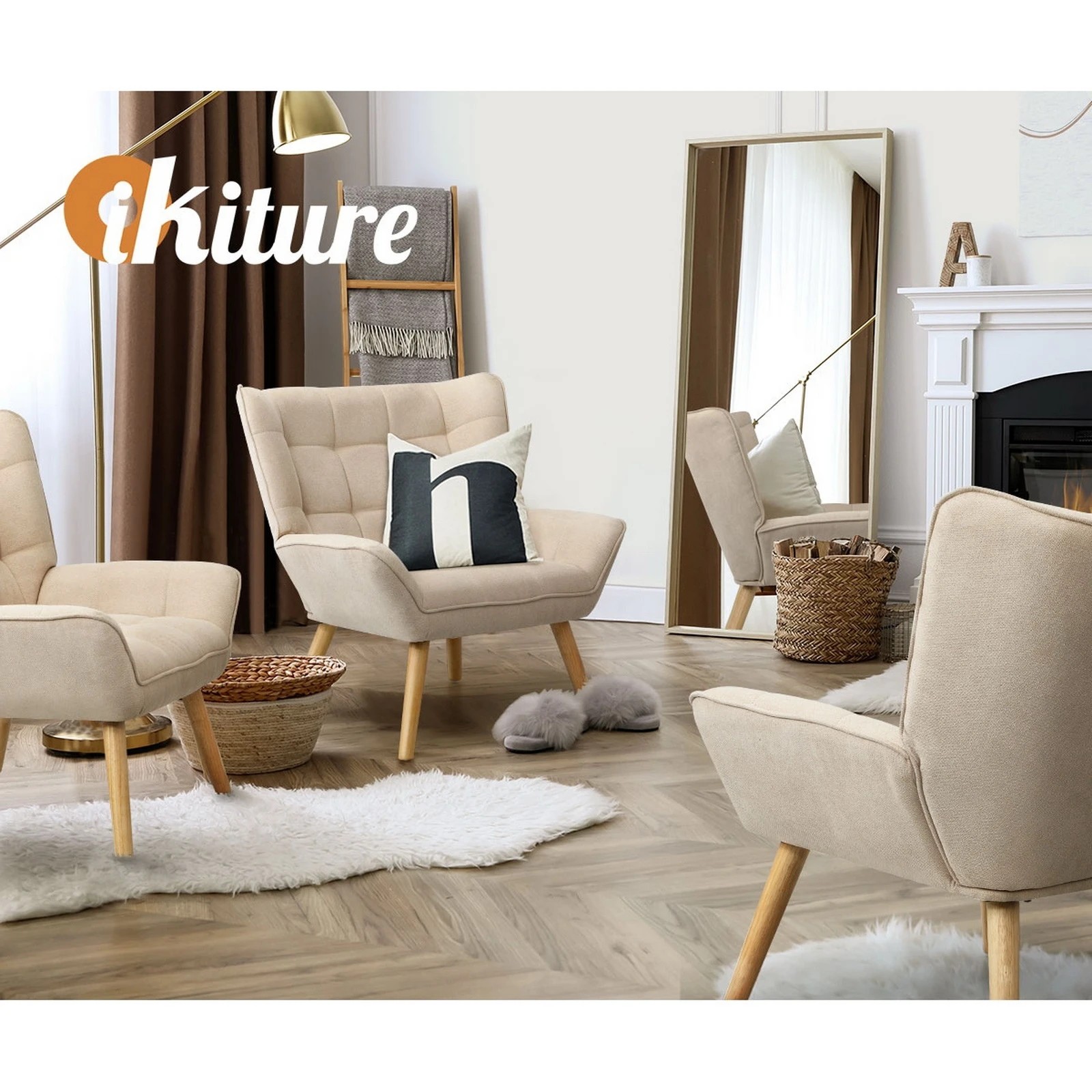 6 Oikiture 2x Armchair Accent Chairs Sofa Lounge Fabric Upholstered Tub - Beige, 6 of 10