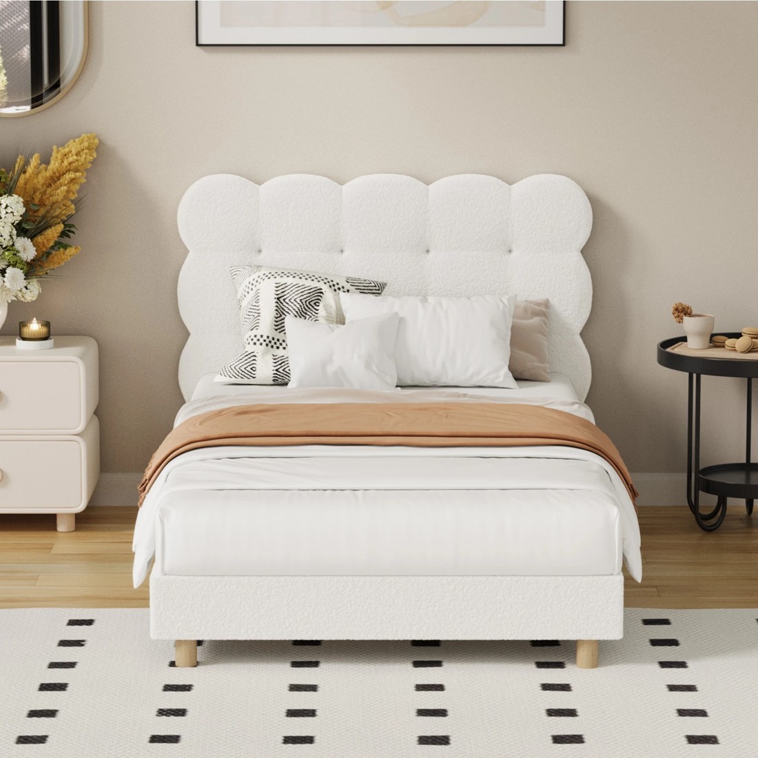 3 Oikiture Bed Frame King Single Tufted Bedhead Boucle Fabric - White, 3 of 9