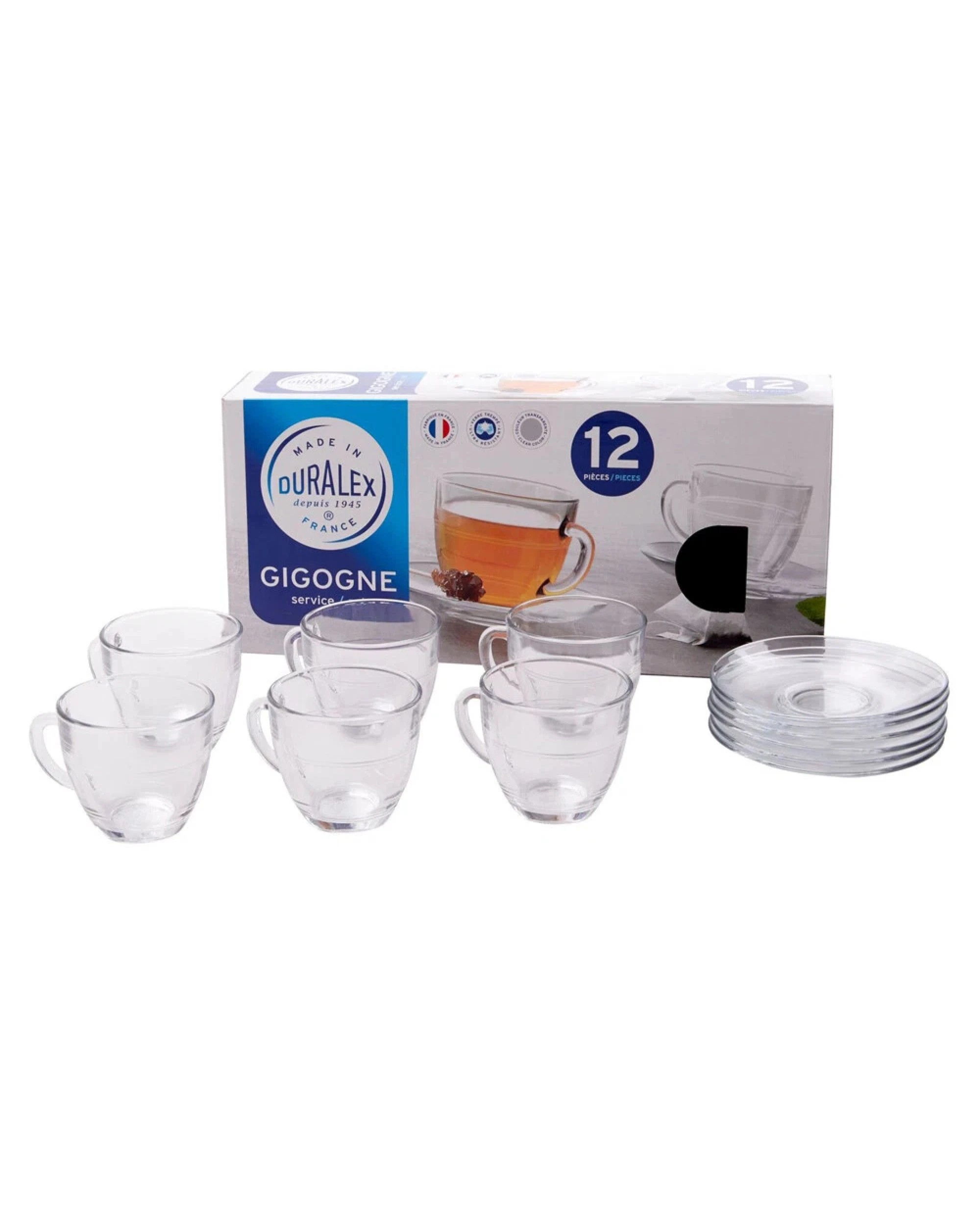 1 Duralex 6pcs Gigogne Clear Tea Coffee Cup & Saucer Set - 220ml per cup, 1 of 5