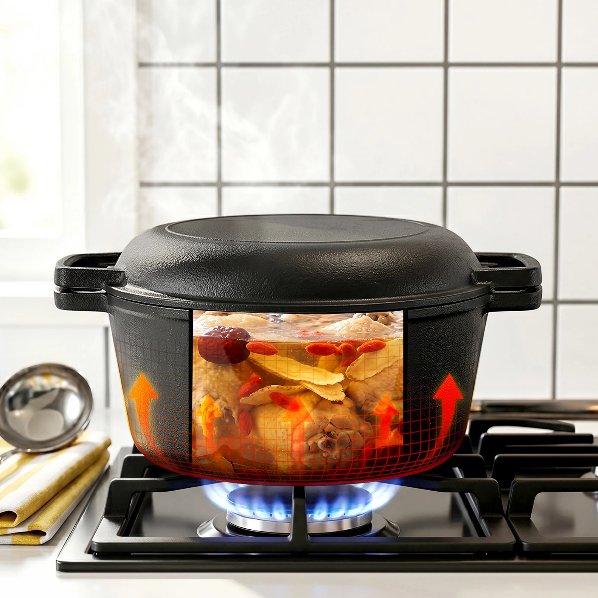 6 5-Star Chef 5L 2-In-1 Pre-Seasoned Cast Iron Dutch Oven Pot with Lid and Dual Handles - Black, 6 of 9
