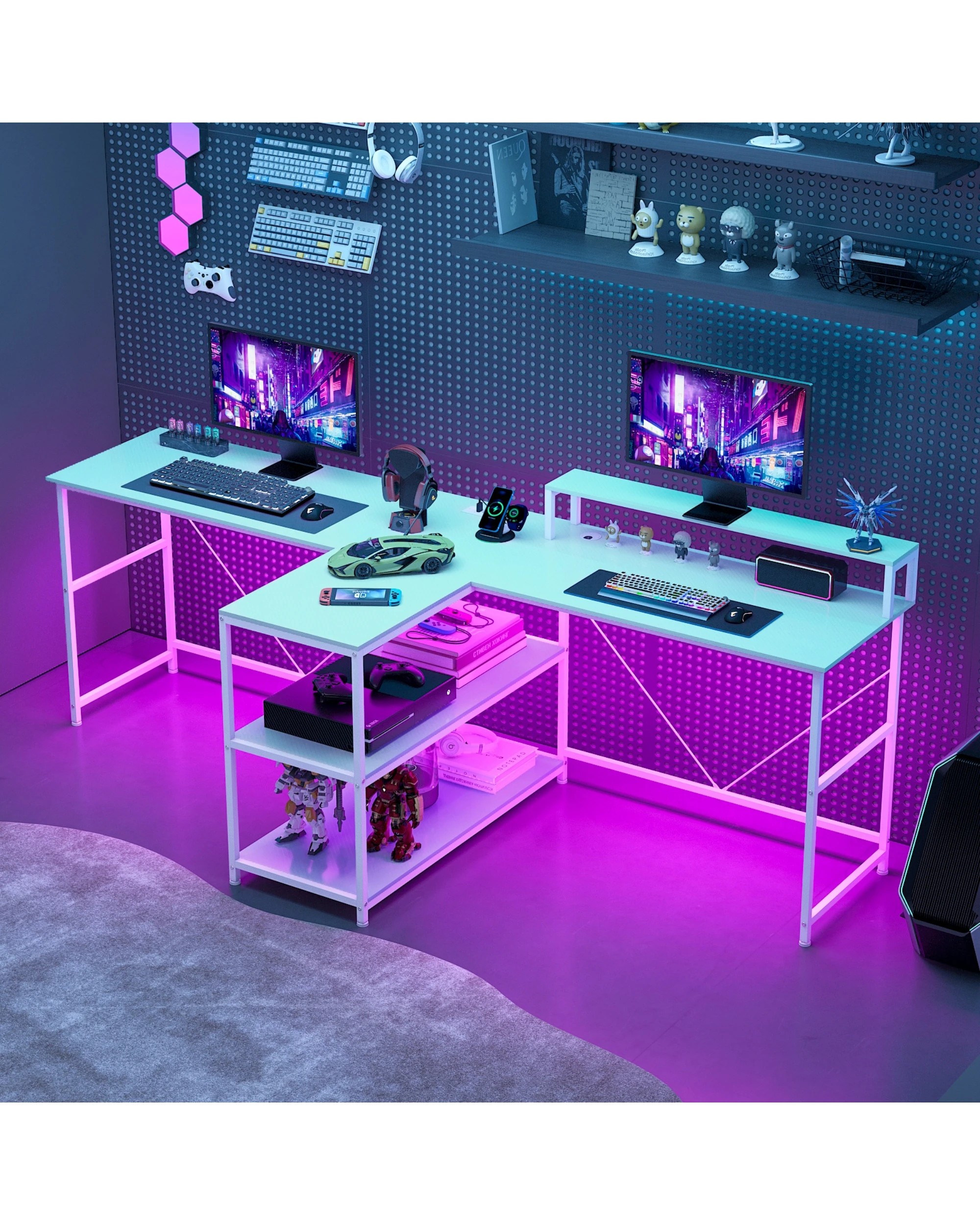 4 Advwin 236cm 2 Person LED Gaming  Computer Desks w/ Power Outlets  - White, 4 of 10