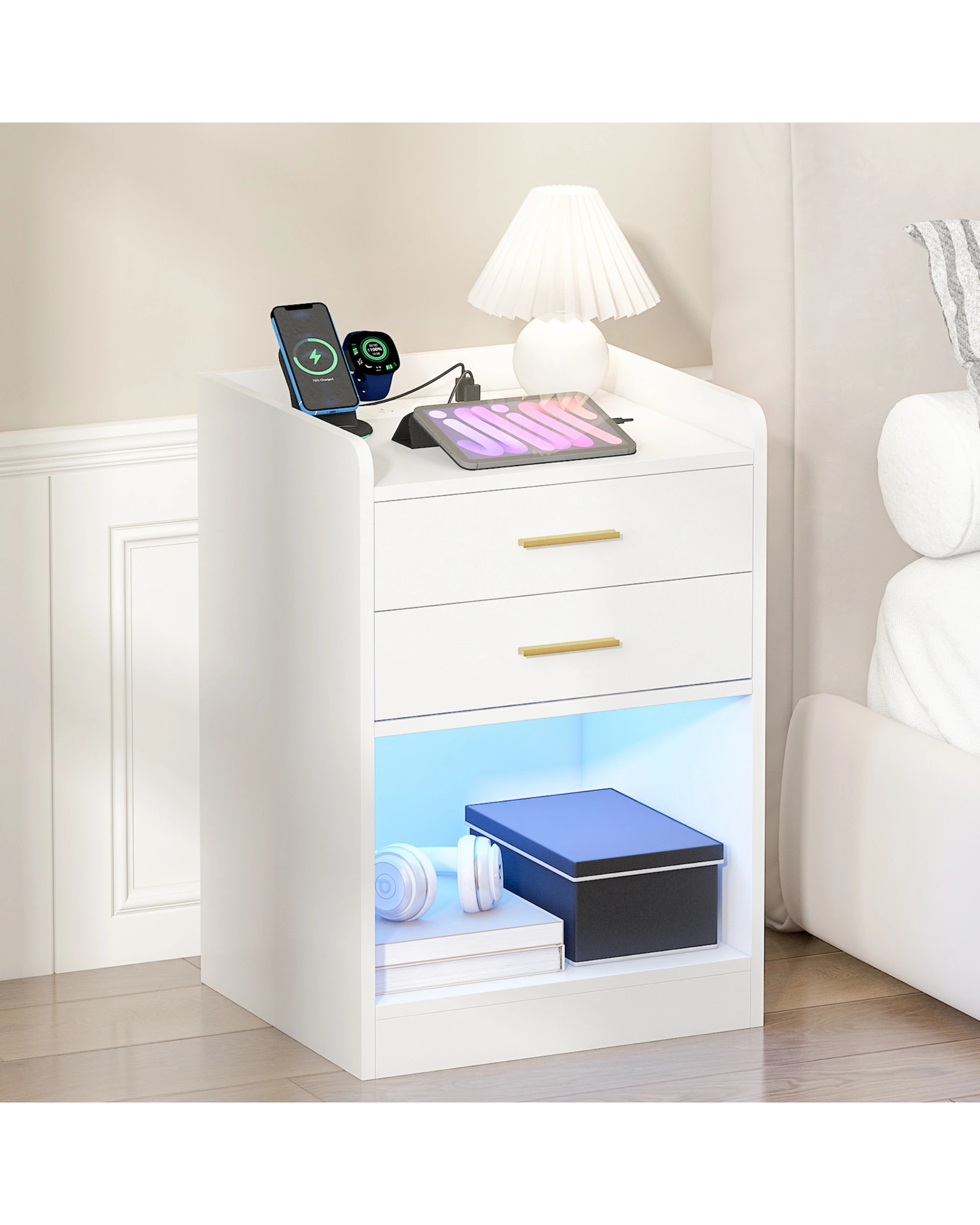 3 Advwin LED Bedside Table with Charging Station 2 Drawers Nightstand - White, 3 of 8