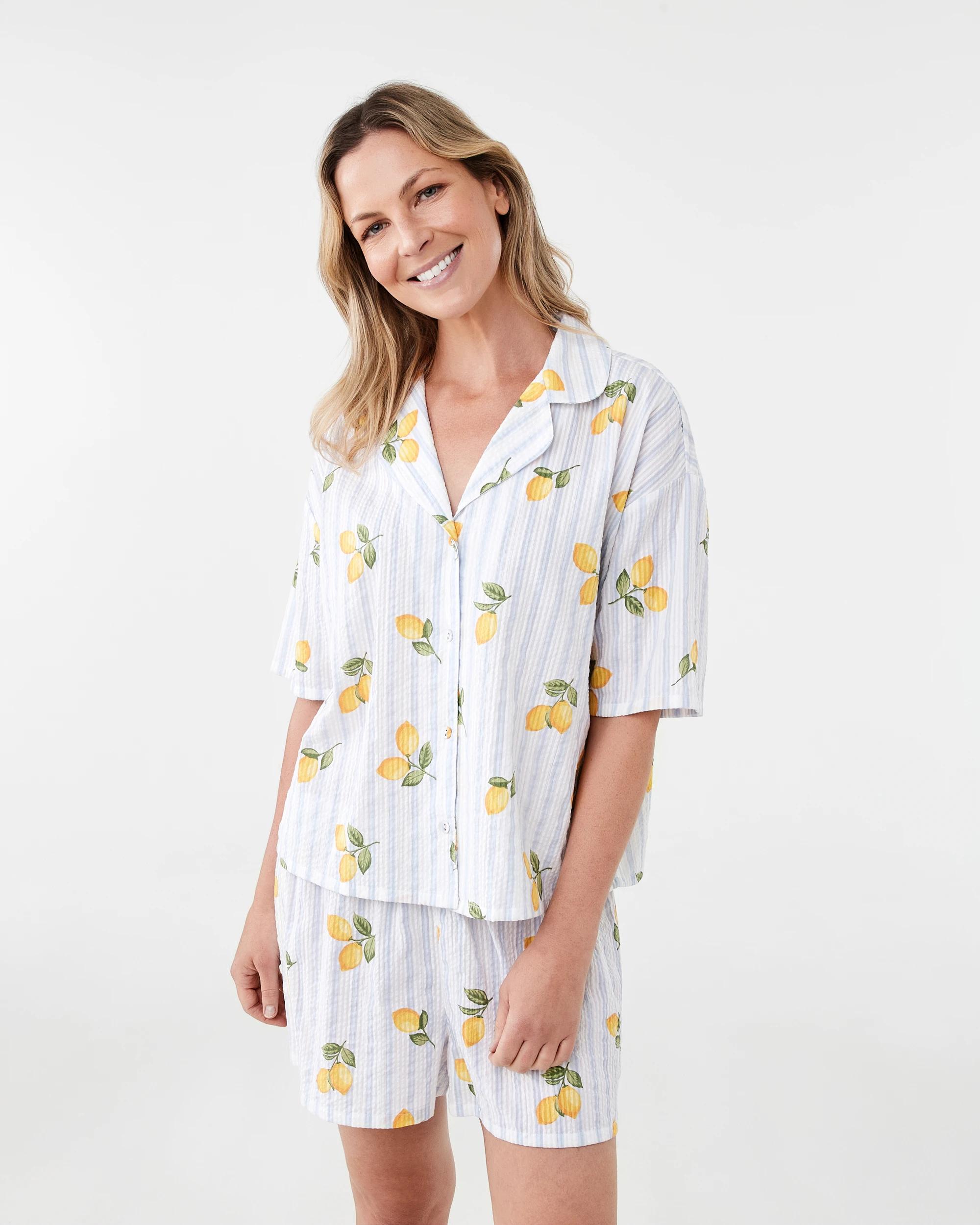 1 Cotton Seersucker Short Sleeve and Shorts Pyjama Set Lemon Strp, 1 of 8