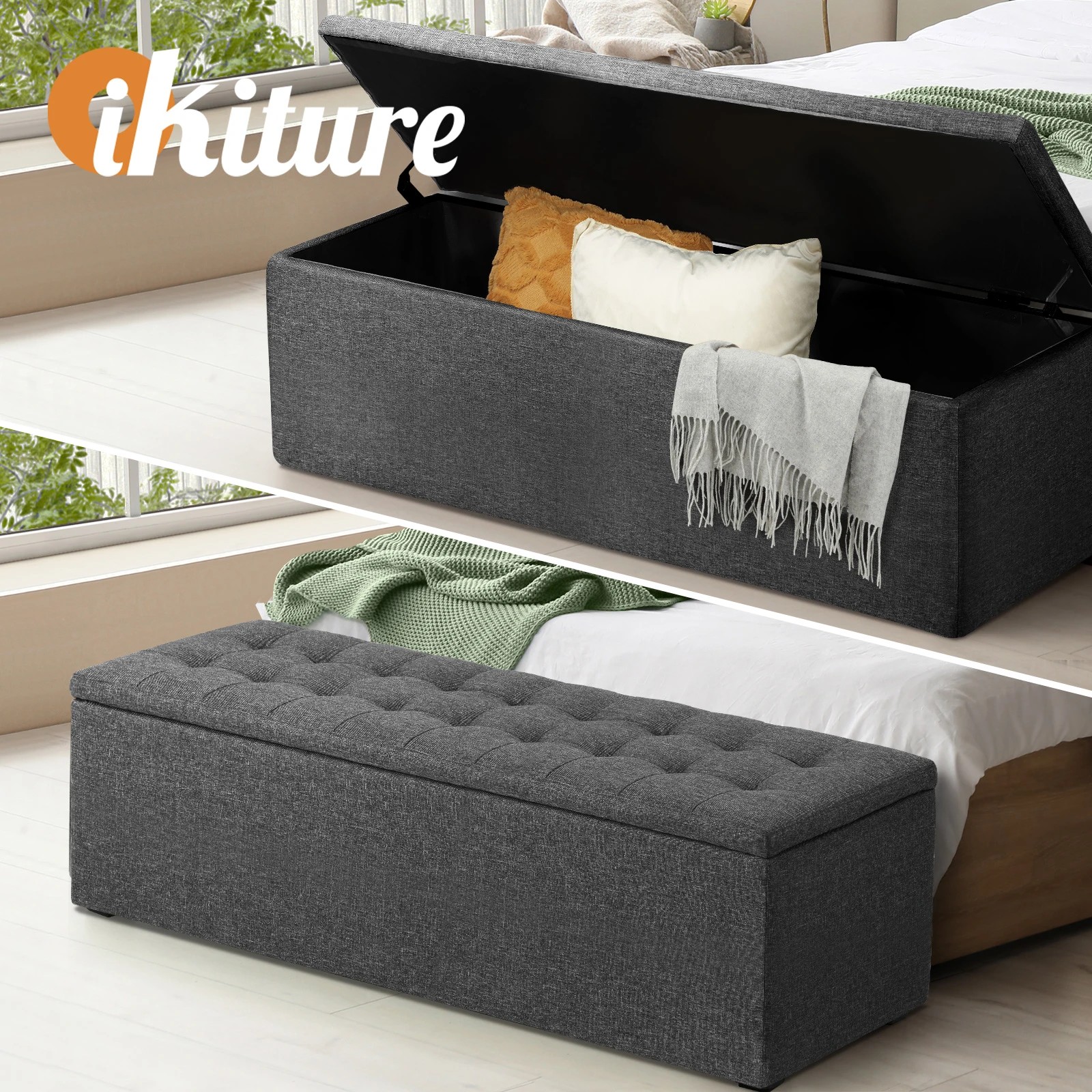 2 Oikiture Storage Ottoman Blanket Box Foot Stool Xl Chest Toy Faux Linen
 - Grey, 2 of 10