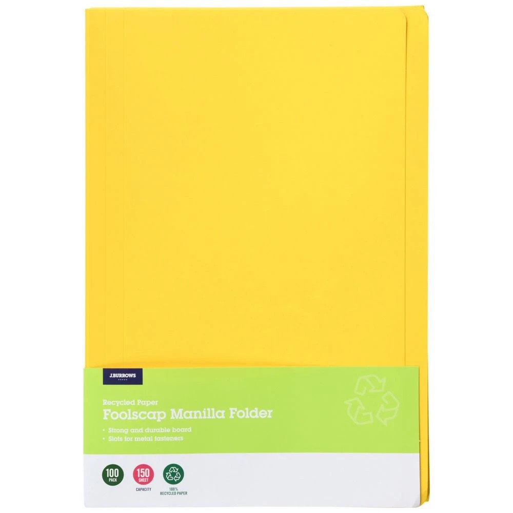 1 J.Burrows Foolscap Manila Folder Yellow 100 Pack, 1 of 4