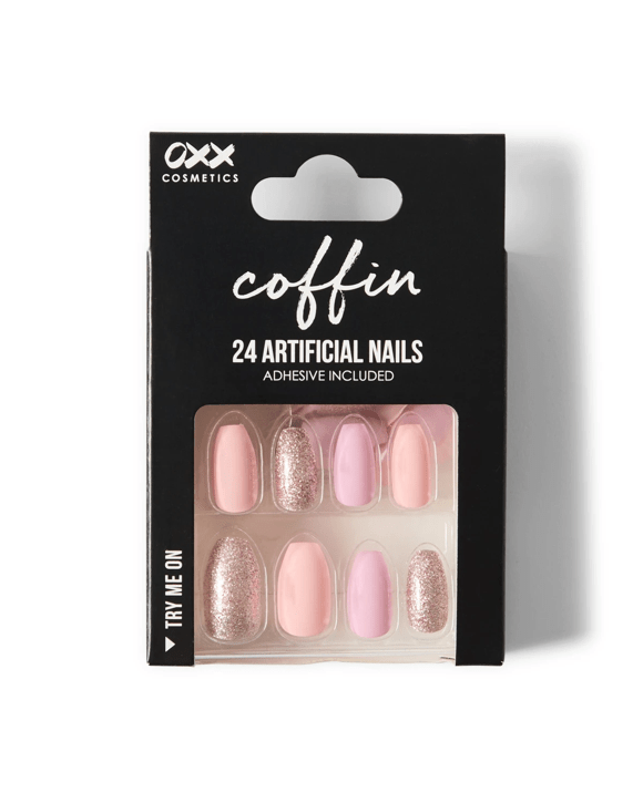 OXX Cosmetics 24 Pack Artificial Nails with Adhesive - Coffin Shape, Sunrise Glitter