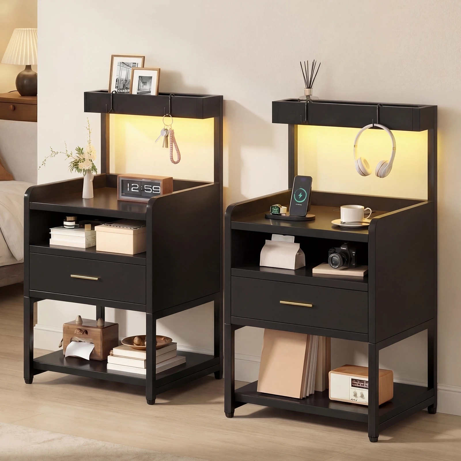2 Advwin Set of 2 Bedside Table with Drawer Charging Station LED Lights - Black, 2 of 10