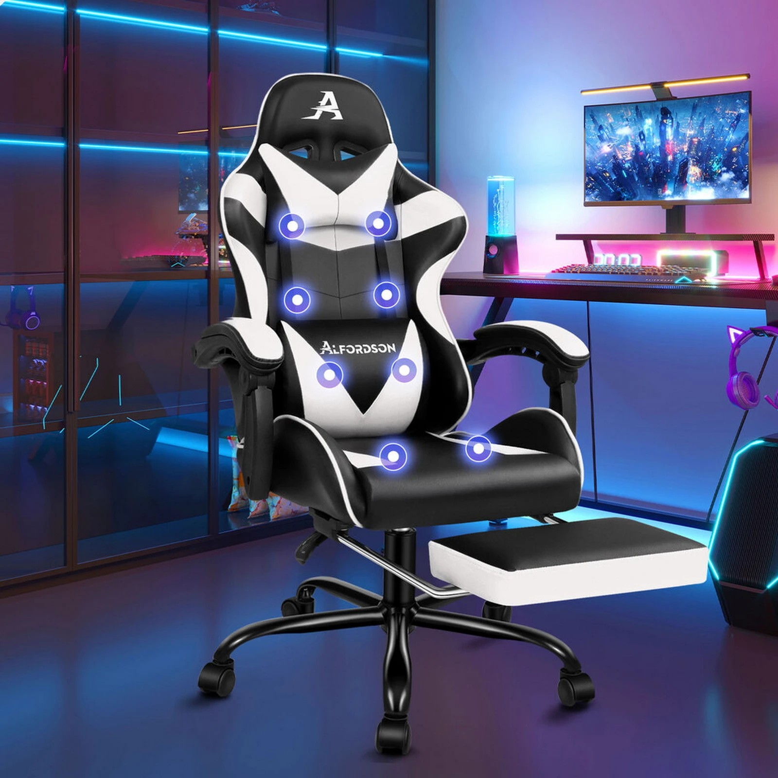 10 Alfordson Gaming Chair Office Massage Computer Racing Seat PU Leather - White, 10 of 10