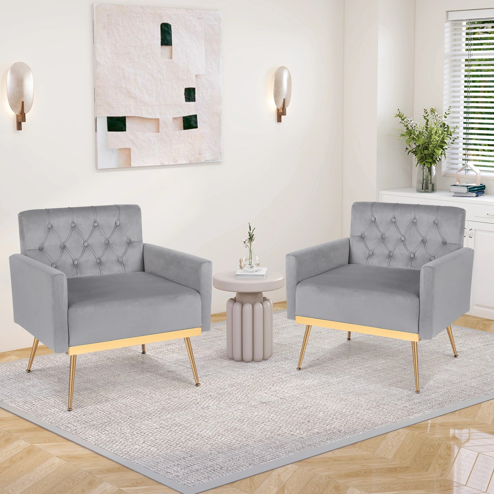 4 Costway Modern Accent Armchair Velvet Sofa Chair w/Button Tufted Back & Golden Metal Legs - Grey, 4 of 5