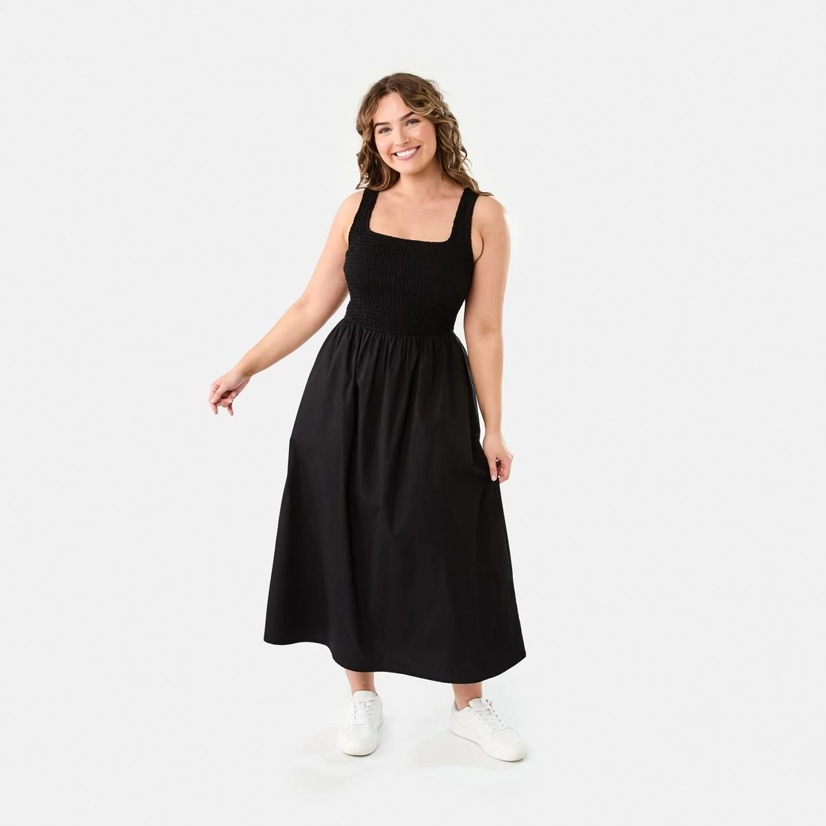 1 Sleeveless Shirred Knit Woven Midi Dress BLACK, 1 of 8