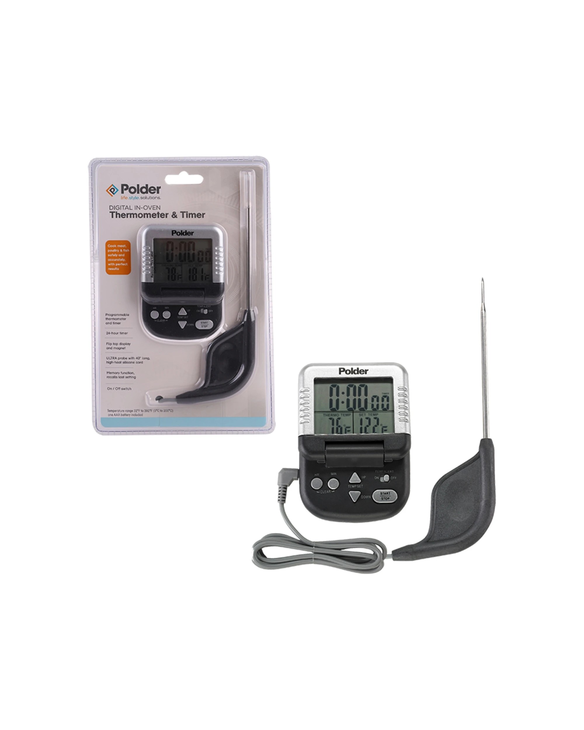 1 Polder Programmable Digital In Oven Thermometer And Timer For Meat Probe - Black, 1 of 3
