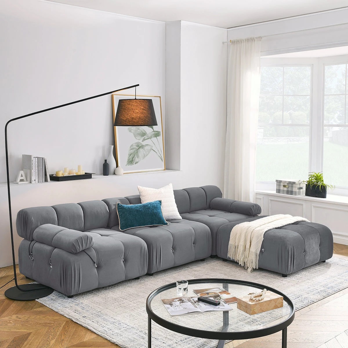 3 Foret 4 Seater Sofa Modular Arm Tufted Velvet Lounge Couch Chaise Light Grey, 3 of 9