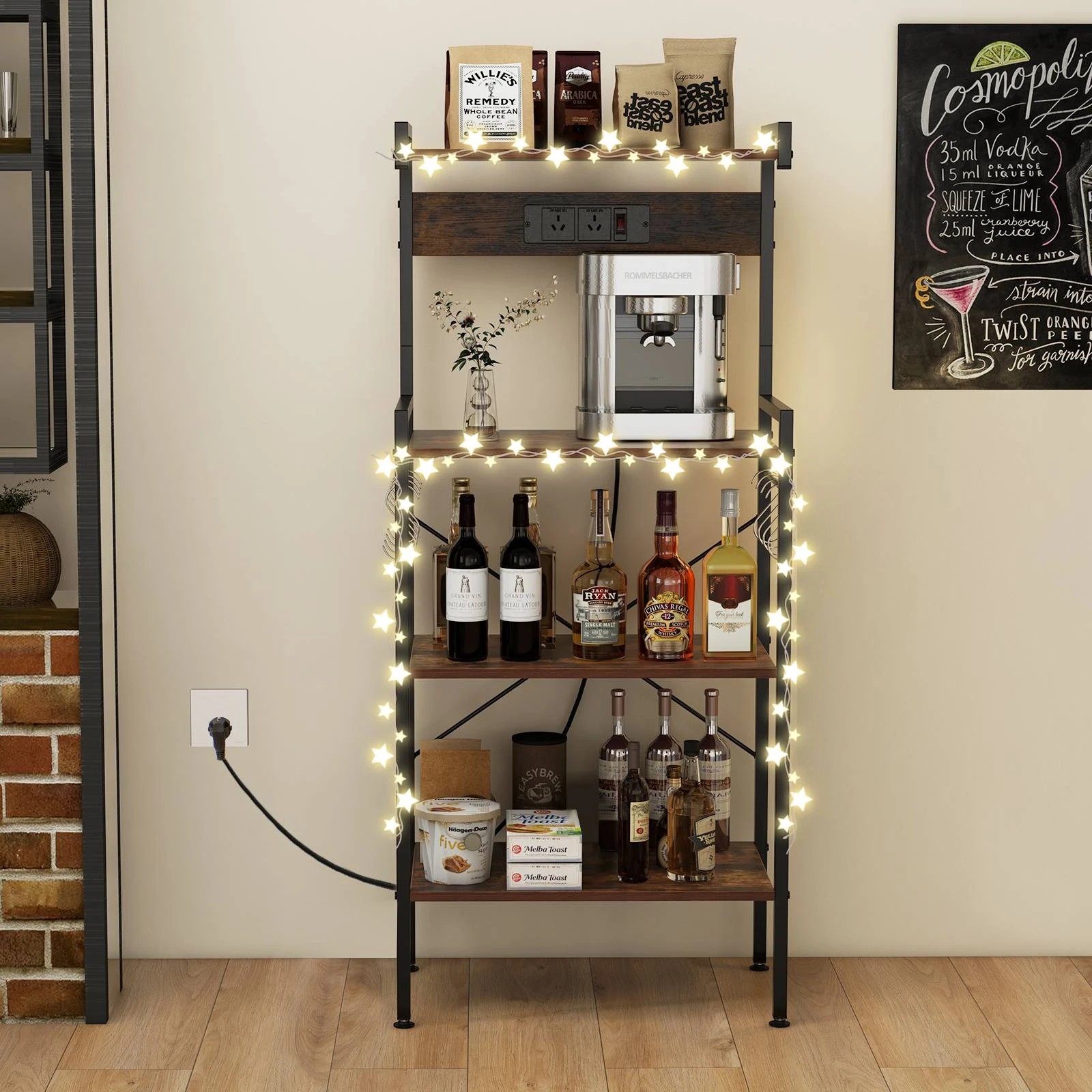 2 Costway 4-Tier Kitchen Bakers Rack w/Power Outlet & 8 S-Hooks Utility Storage Shelf - Brown, 2 of 4