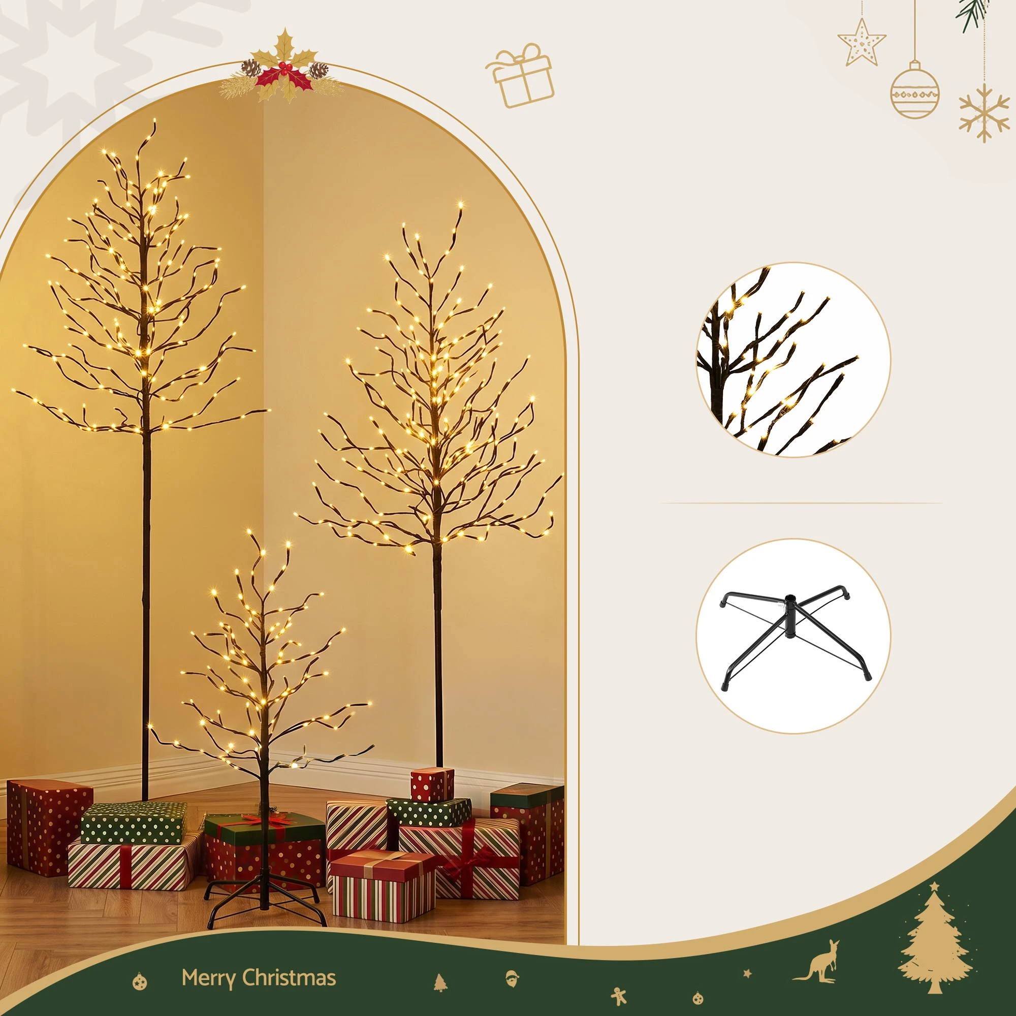 5 Jingle Jollys 3 Pack LED Christmas Tree Lighted Birch Tree Indoor Outdoor Xmas Decor Warm - Gold, 5 of 8
