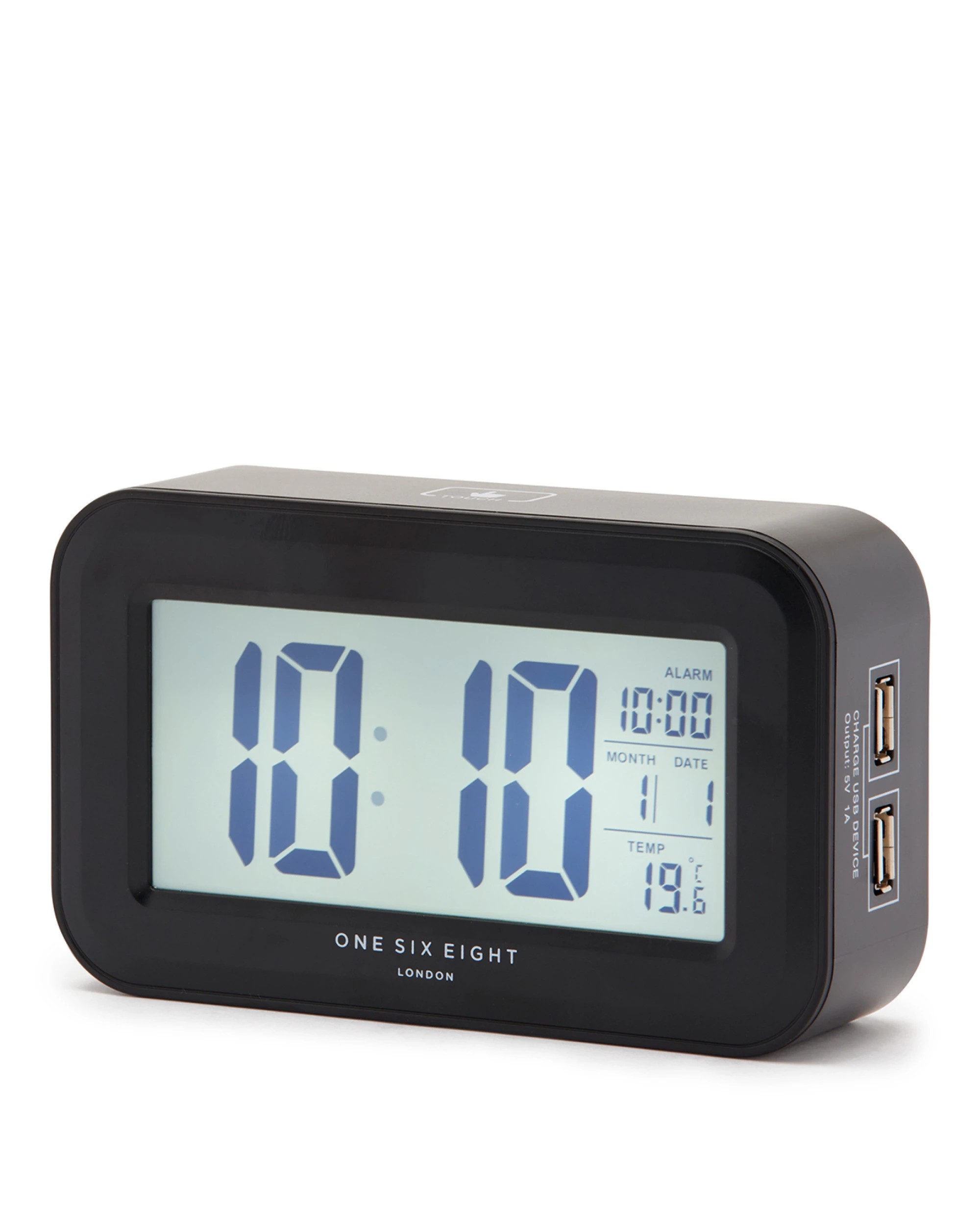 1 One Six Eight London Rielly Digital Rectangle Silent Alarm Clock - Black, 1 of 3