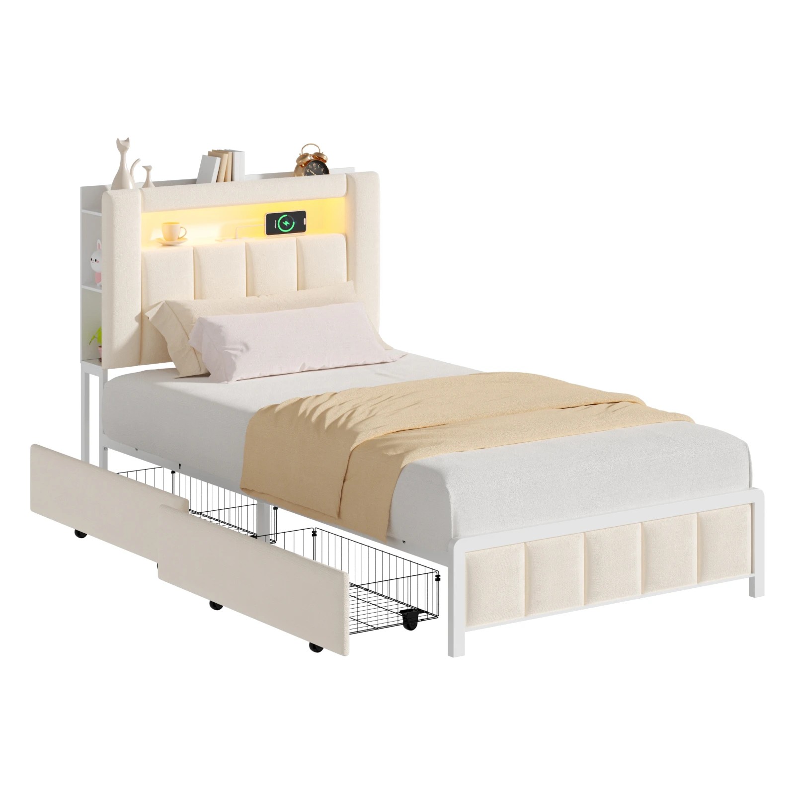 1 Advwin Kingsingle Bed Frame with LED Shelves and Charging Station - Beige, 1 of 7